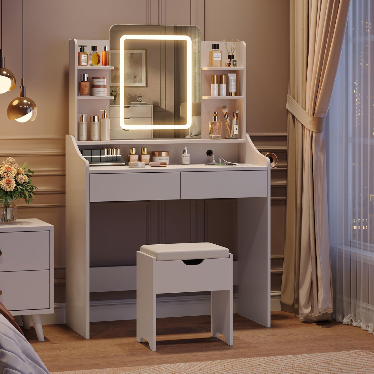 Vabches Vanity Desk with Mirror and Lights, Vanity with Lighted Mirror