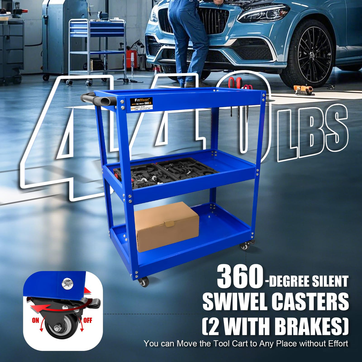 FITHOIST 3-Tier Rolling Tool Cart, Thickened 440LBS Metal Mechanic Tool Cart on Wheels, Heavy Duty Rolling Carts with Wheels, Utility Service Carts for Mechanics Garage Warehouse Workshop Repair Shop