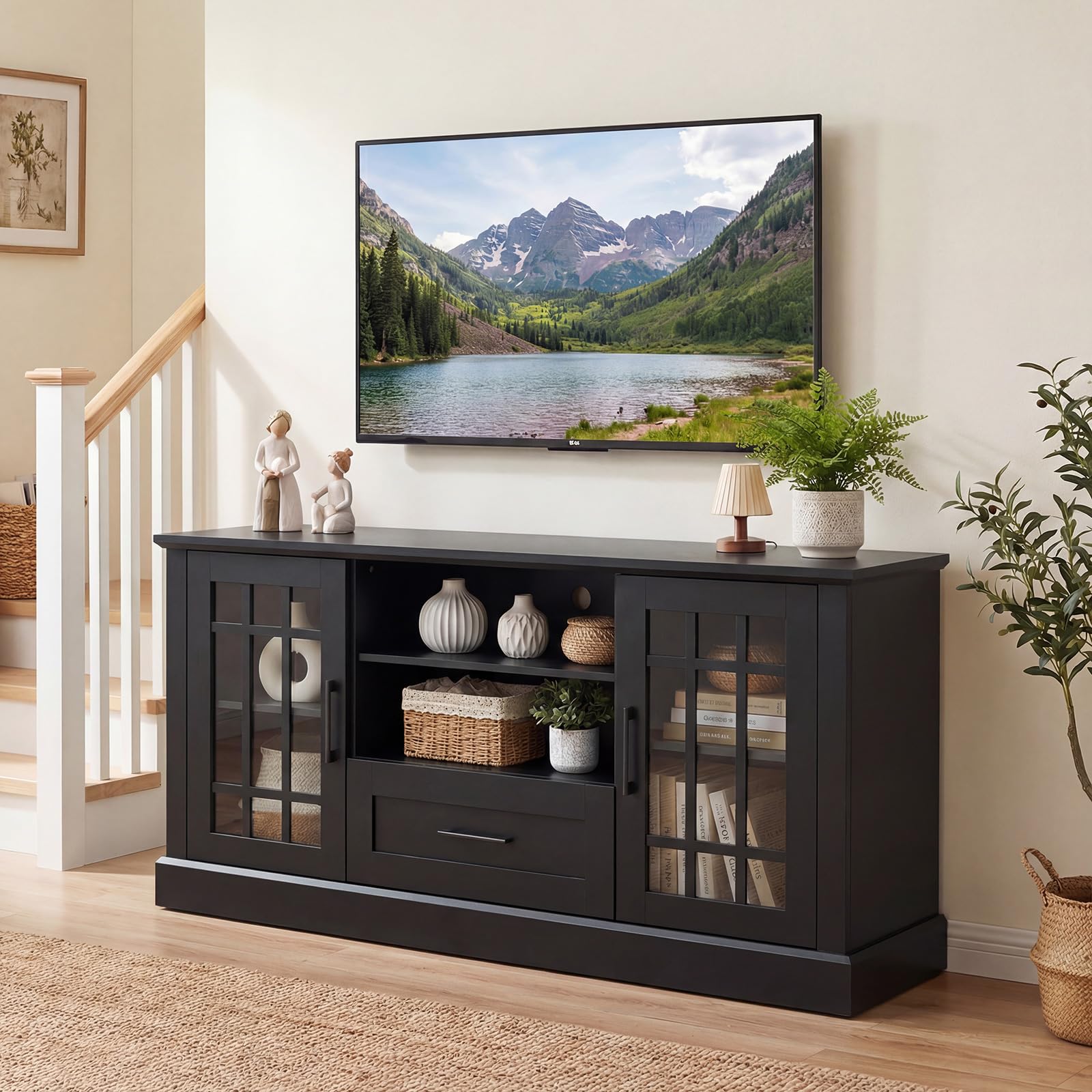 Farmhouse TV Stand with Glass Cabinets & Drawer