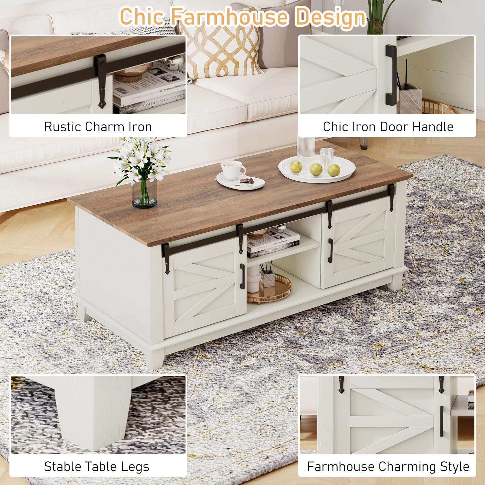 LUXOAK Farmhouse Table Set of 3, Coffee Table with Sliding Barn Doors, End Tables Set of 2 with Charging Station for Living Room & Bedroom, Sliding Barn Doors, 2 Tiers Storage Drawer, Antique White