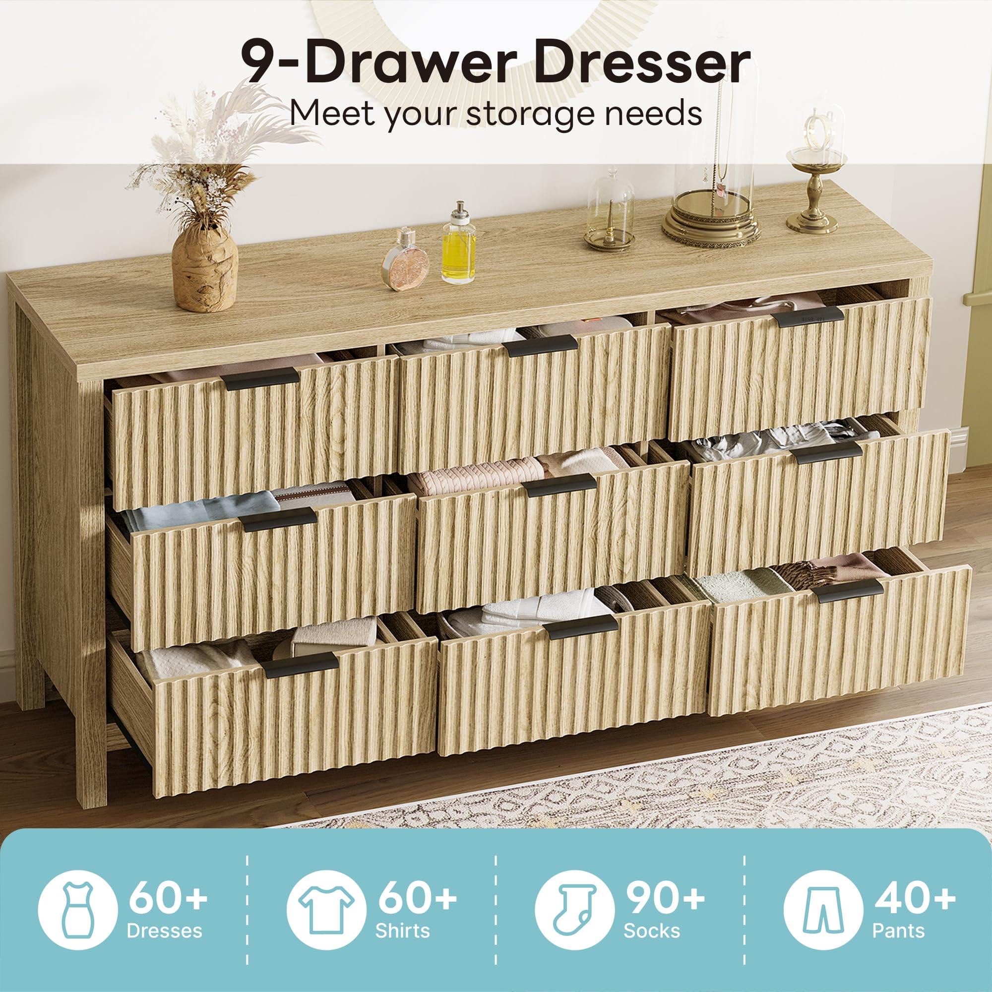 9-Drawer Fluted Dresser with Metal Handles – Natural Oak