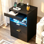 Yusong Nightstand, LED Nightstand with Charging Station, Black