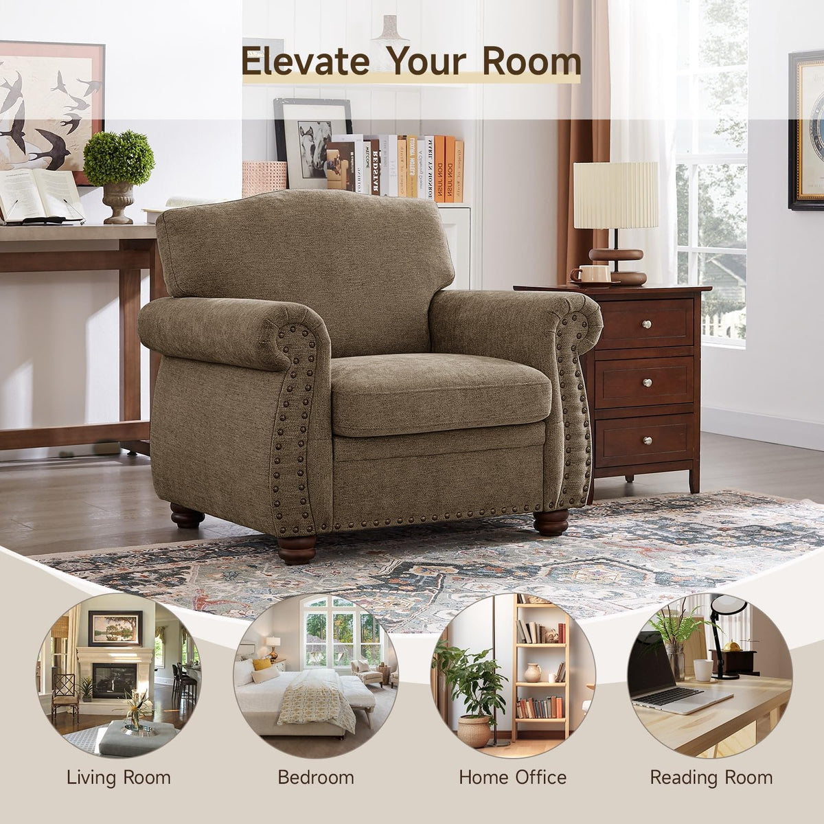 ONBRILL Nailhead Trim Armchair, Rolled Arm Accent Chair,Chenille Sofa Chair