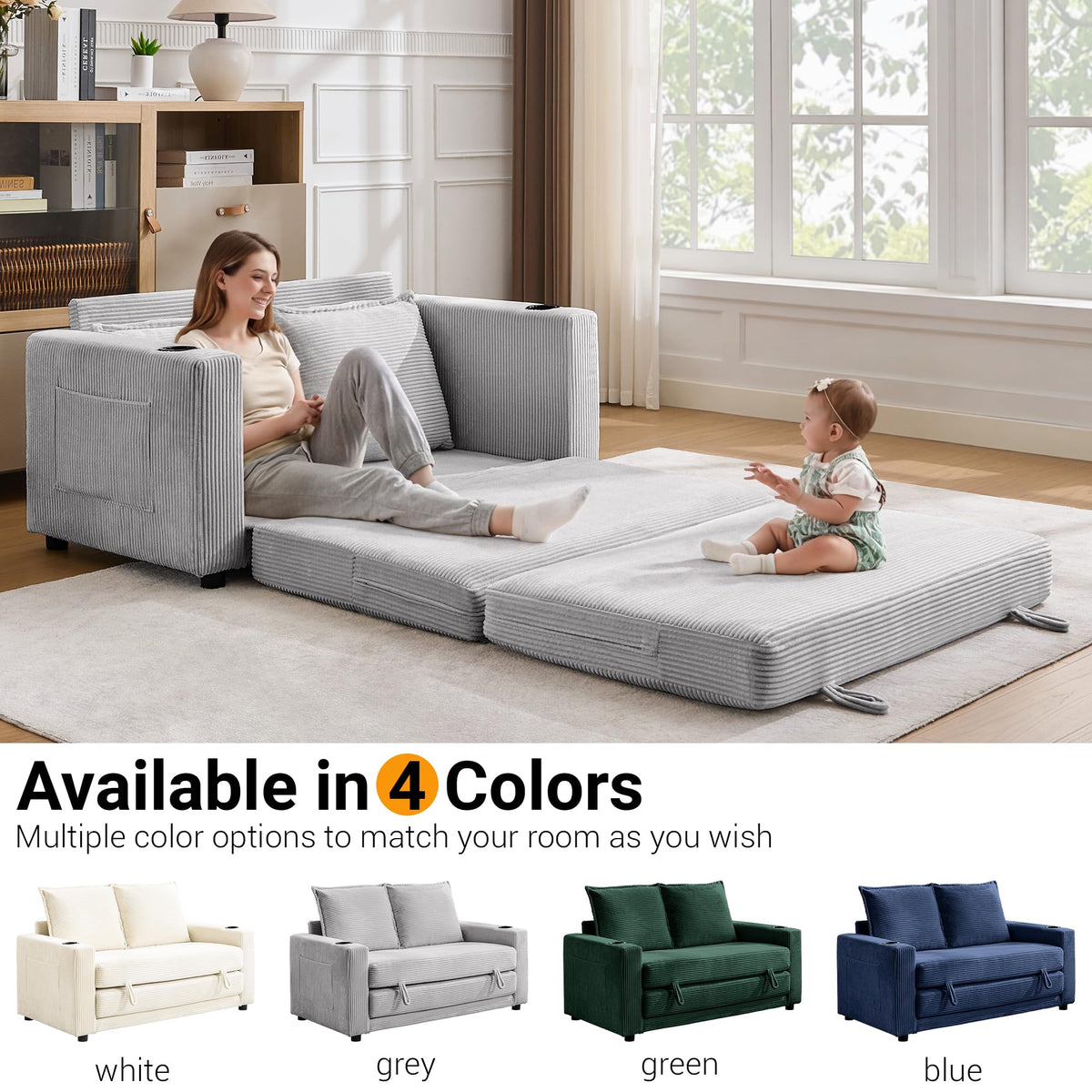 WODNITURE 55.6 in Convertible Sofa Bed, Corduroy Futon Couch, Gray