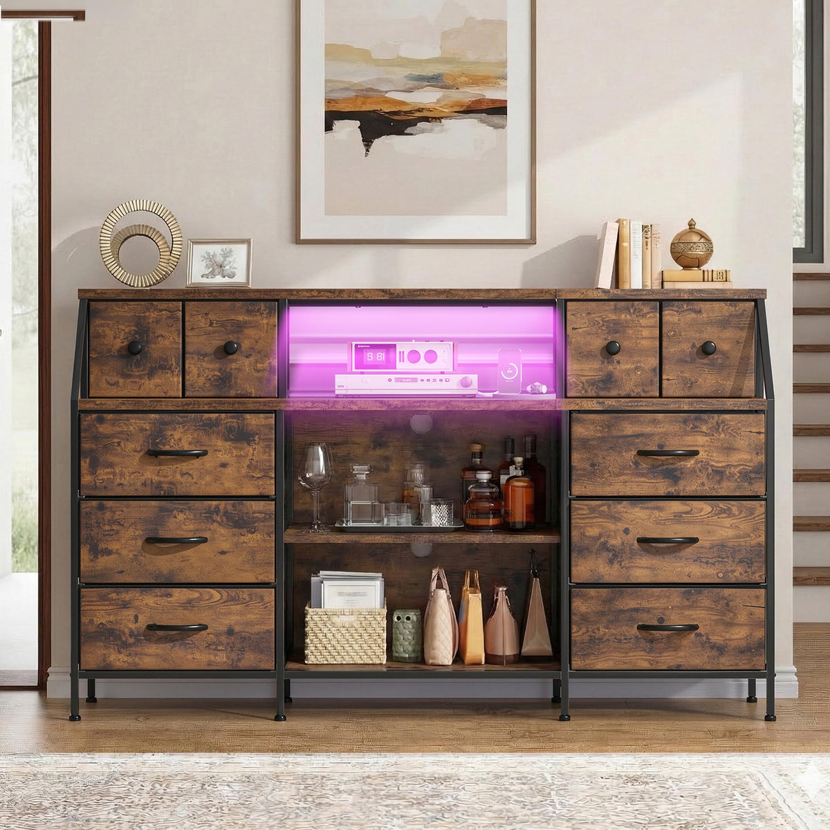 Romorgniz 55" W Dresser with Charging Station & LED, Detachable Mesh Door