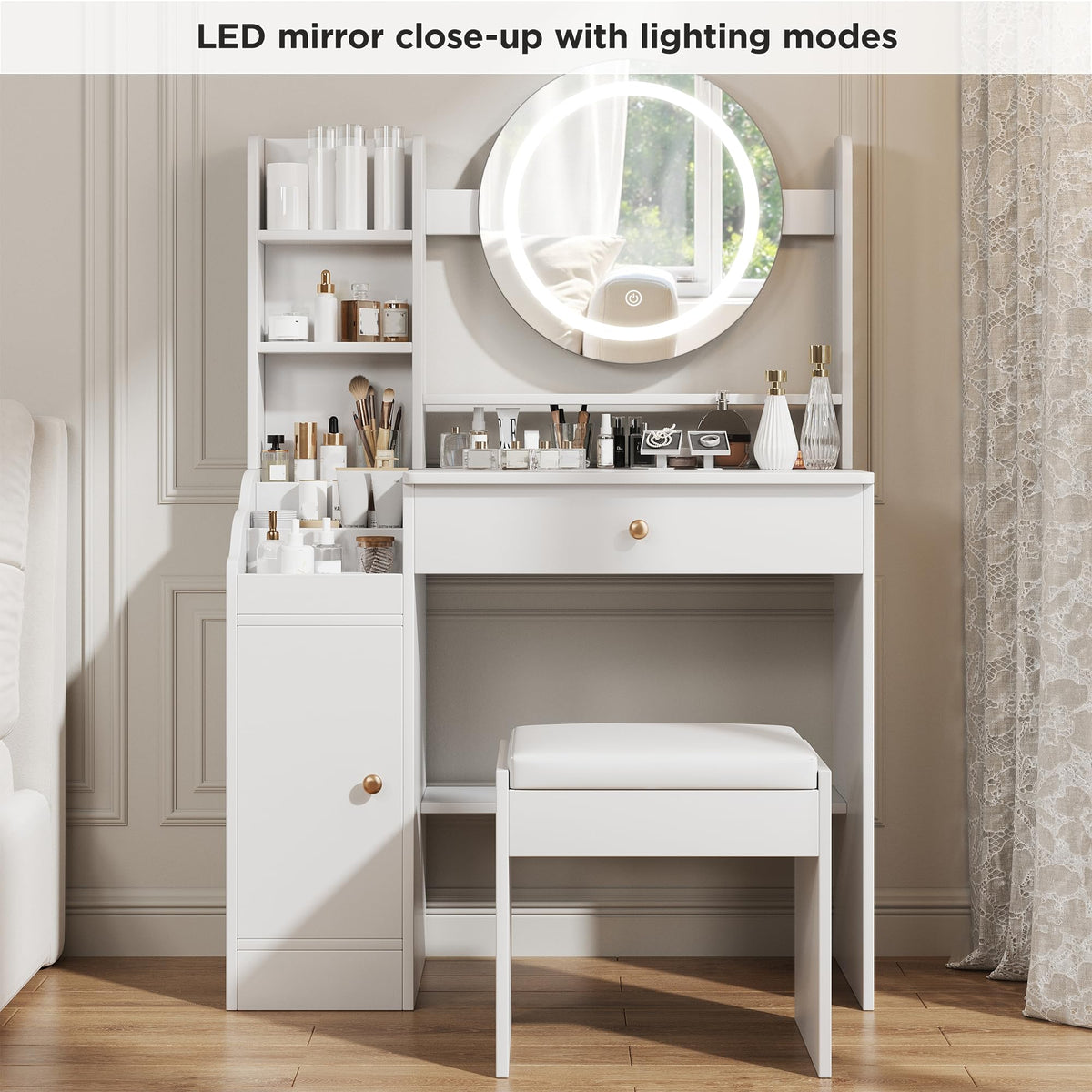 White LED Makeup Vanity with Stool