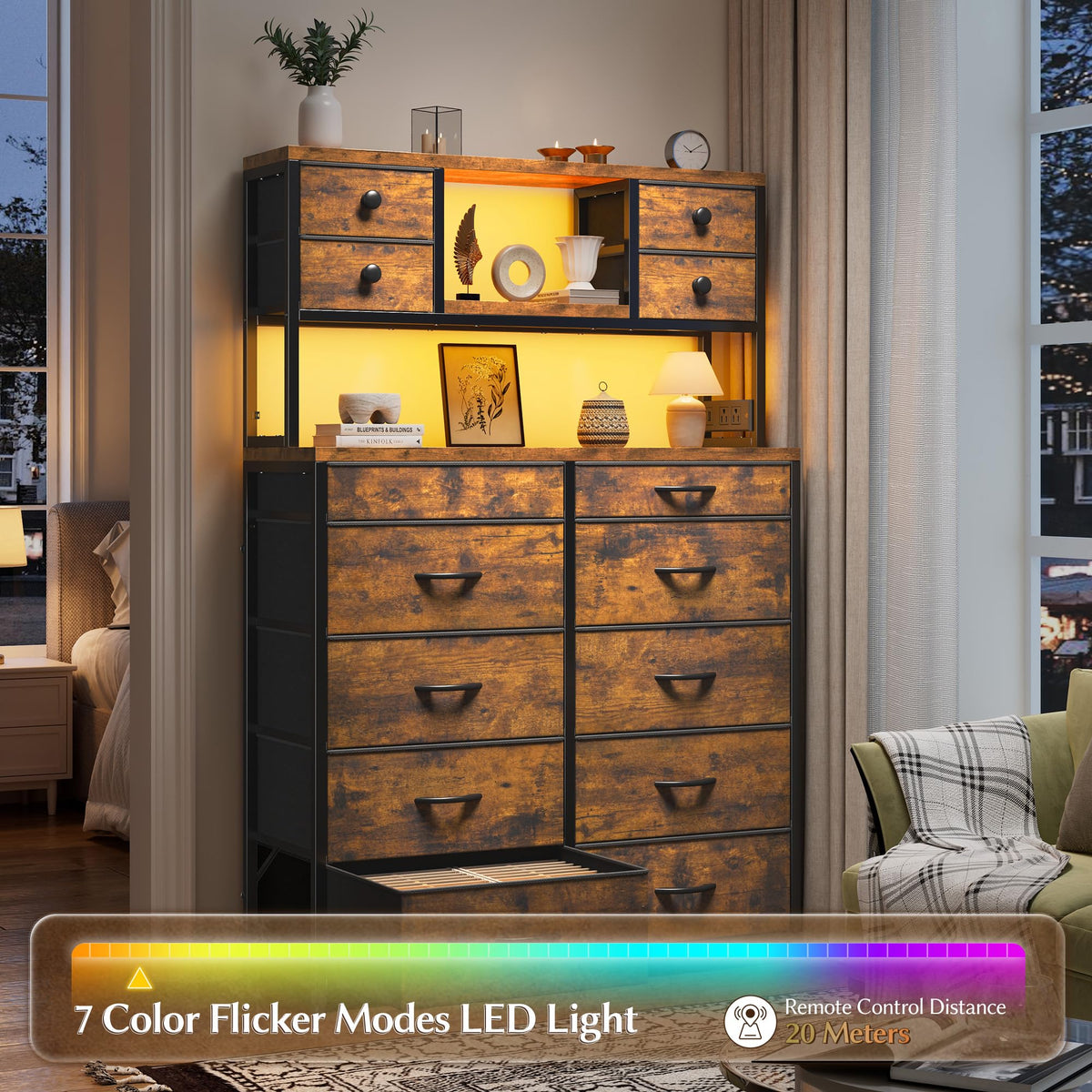 14-Drawer Fabric Dresser with LED Lights