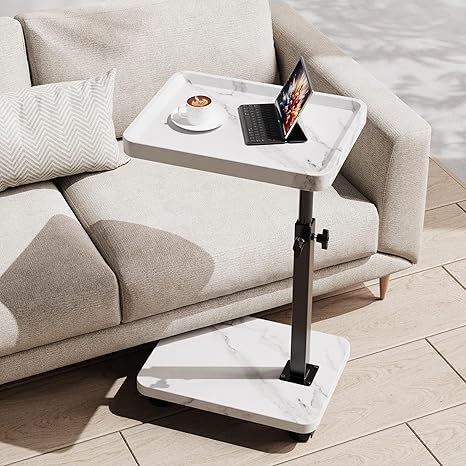 Height-Adjustable C-Shape Side Table with Wheels & 360° Swivel
