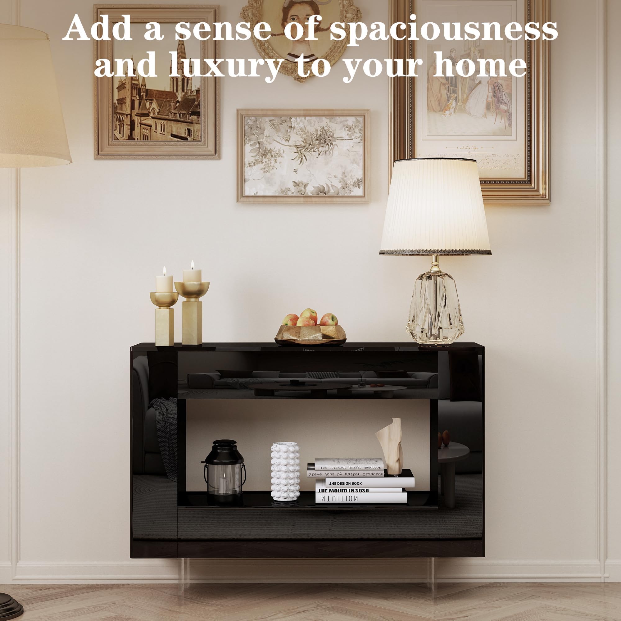 Vavkorkula Console Table, High Gloss Entryway Table with Hidden Storage Cabinets, Adjustable Shelves, Modern Sofa Table for Behind The Couch, Living Room, Hallway, Black