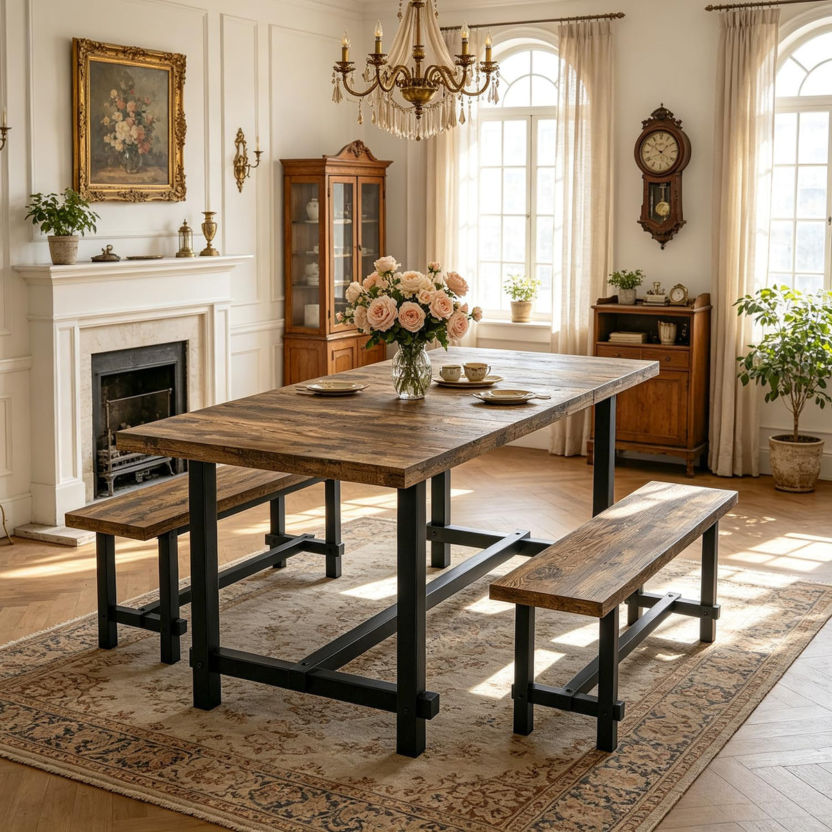 70.8" Dining Table Set with 2 Benches, Farmhouse Kitchen Table Set for 4-6
