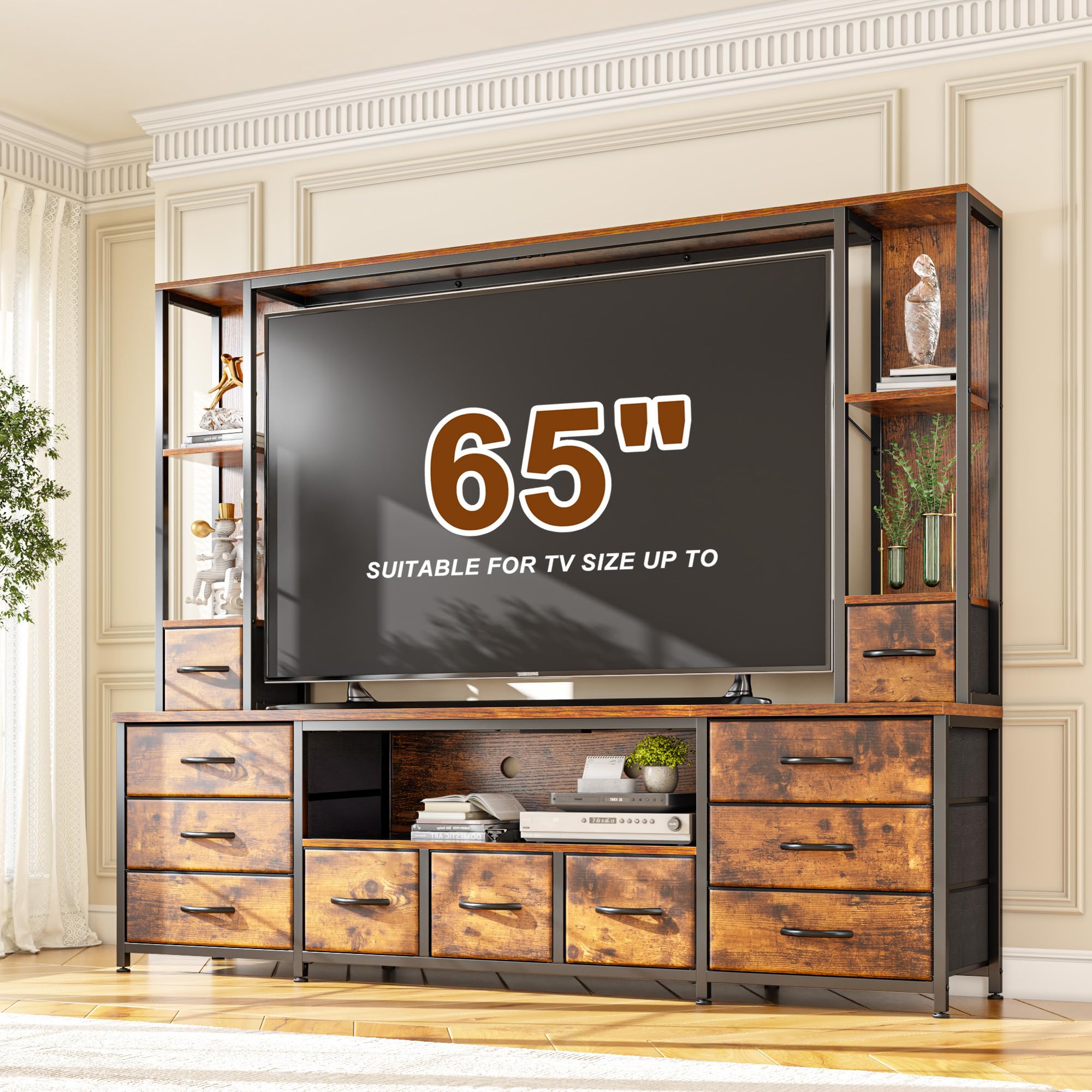 EnHomee 78.6" TV Stand for Living Room, Large Entertainment Center with 11 Fabric Drawers, 2 LED Lights & Power Outlets, Modern Dresser with Storage Shelves, Wall Unit for Bedroom, Brown