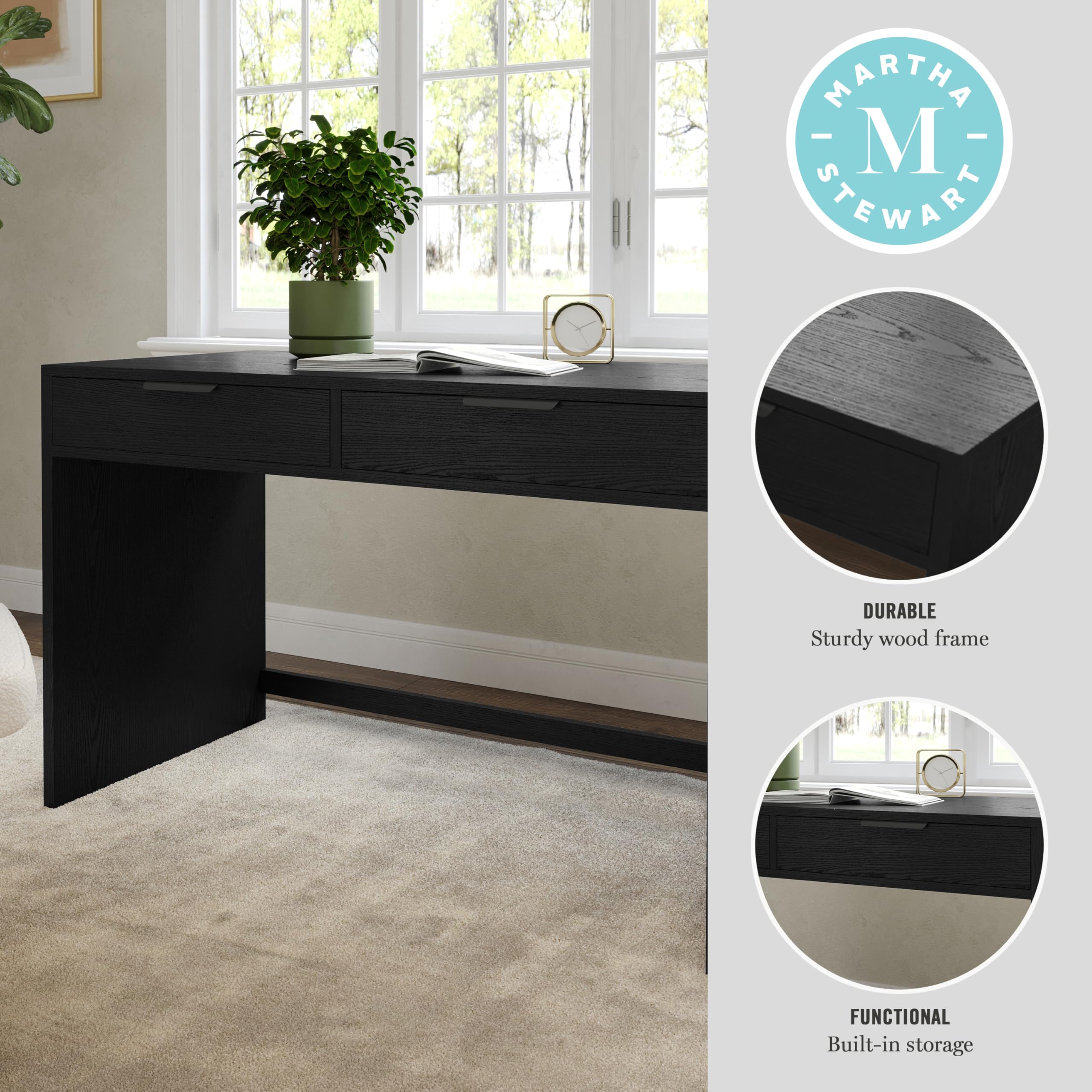 Martha Stewart Kayden Home Office Modular Desk with 2 Drawers in Black with Oil Rubbed Bronze Hardware