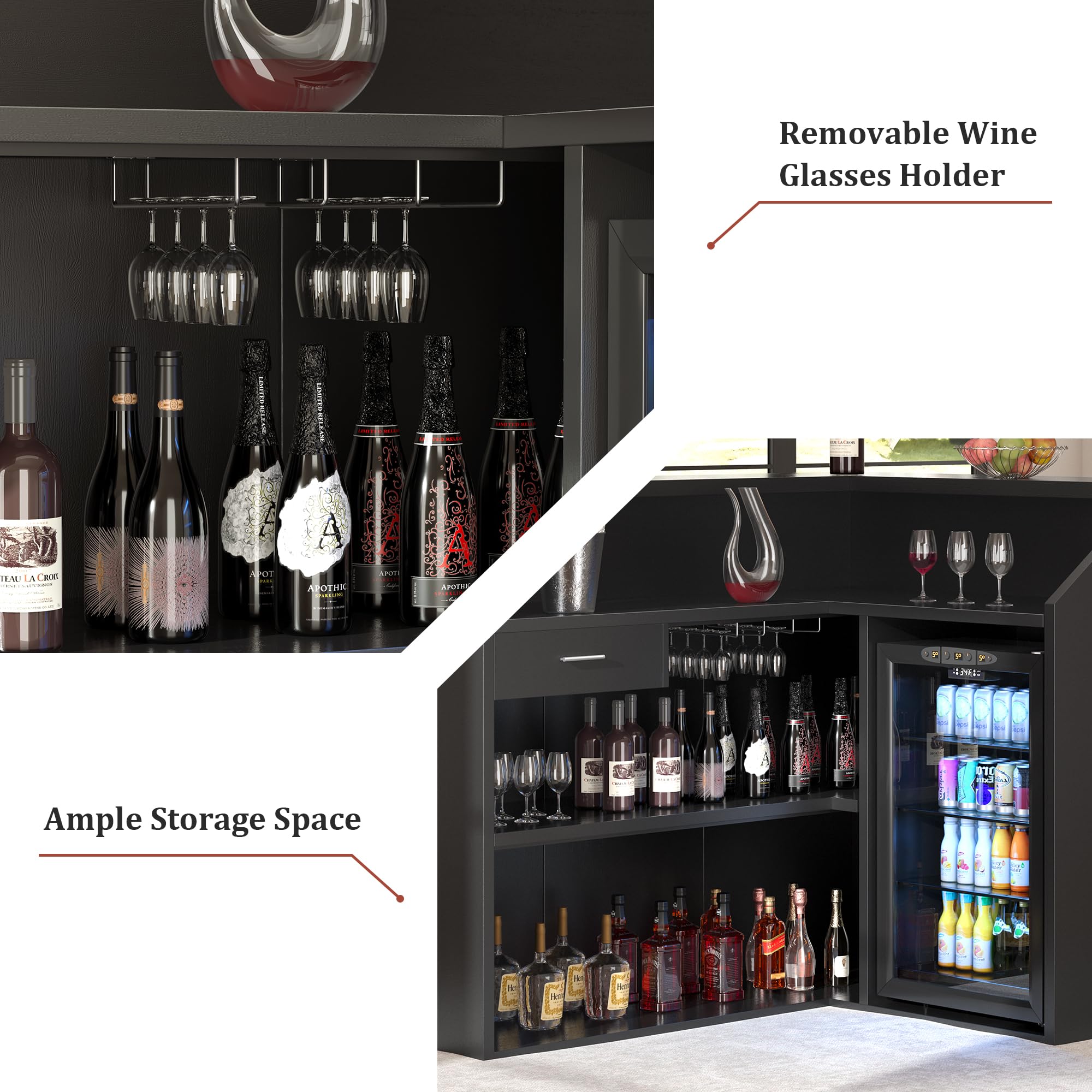 VAXZOFI L-Shape Home Bar Unit with Fridge Space & LED, Modern Liquor Wine Cabinet with Power Outlet, Wine Glass Holder, Mini Bar Table with Storage for Living Room, Basement, Home Pub, Black