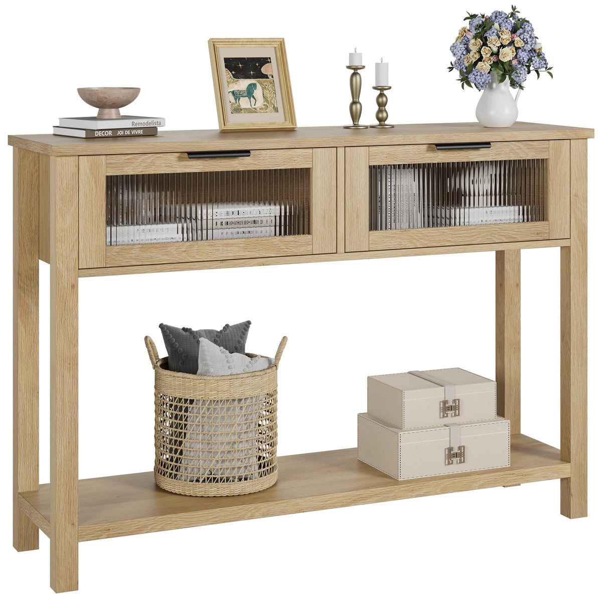 GAOMON Entryway Table, Wood Console Table with 2 Glass Drawers, 2 Tier Sofa Table with Storage for Living Room, Foyer Tables for Entryway-Burlywood