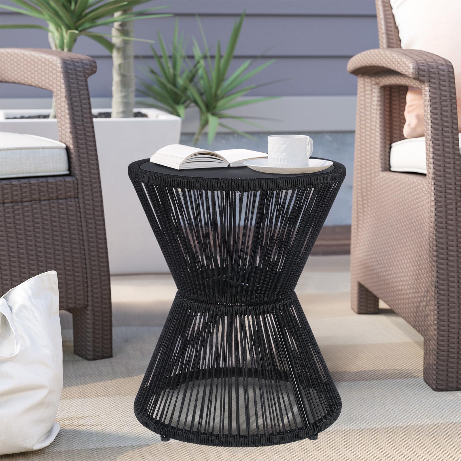 Woven Rope Outdoor Side Table with Glass Top