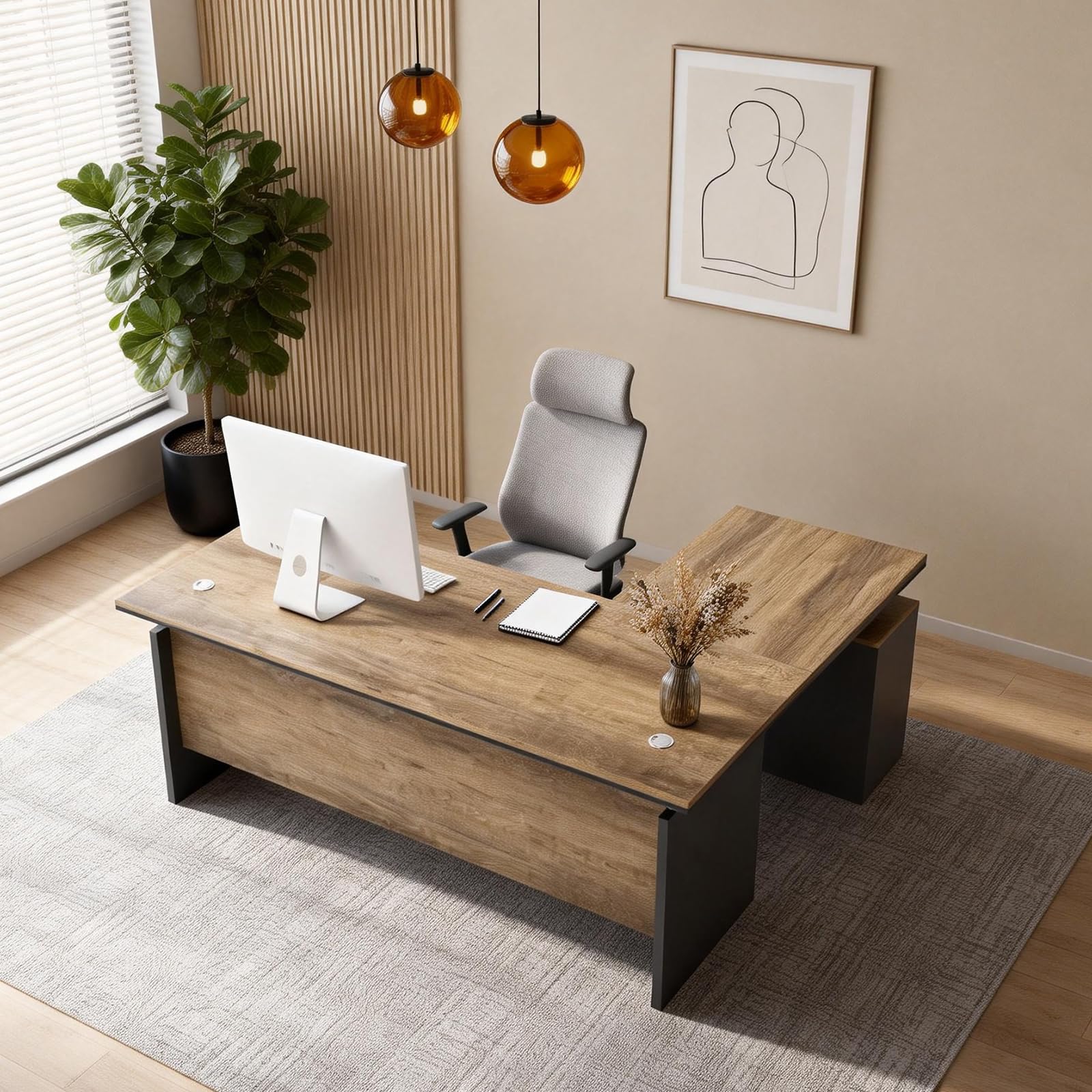 63" L-Shaped Executive Desk with Locking Drawer