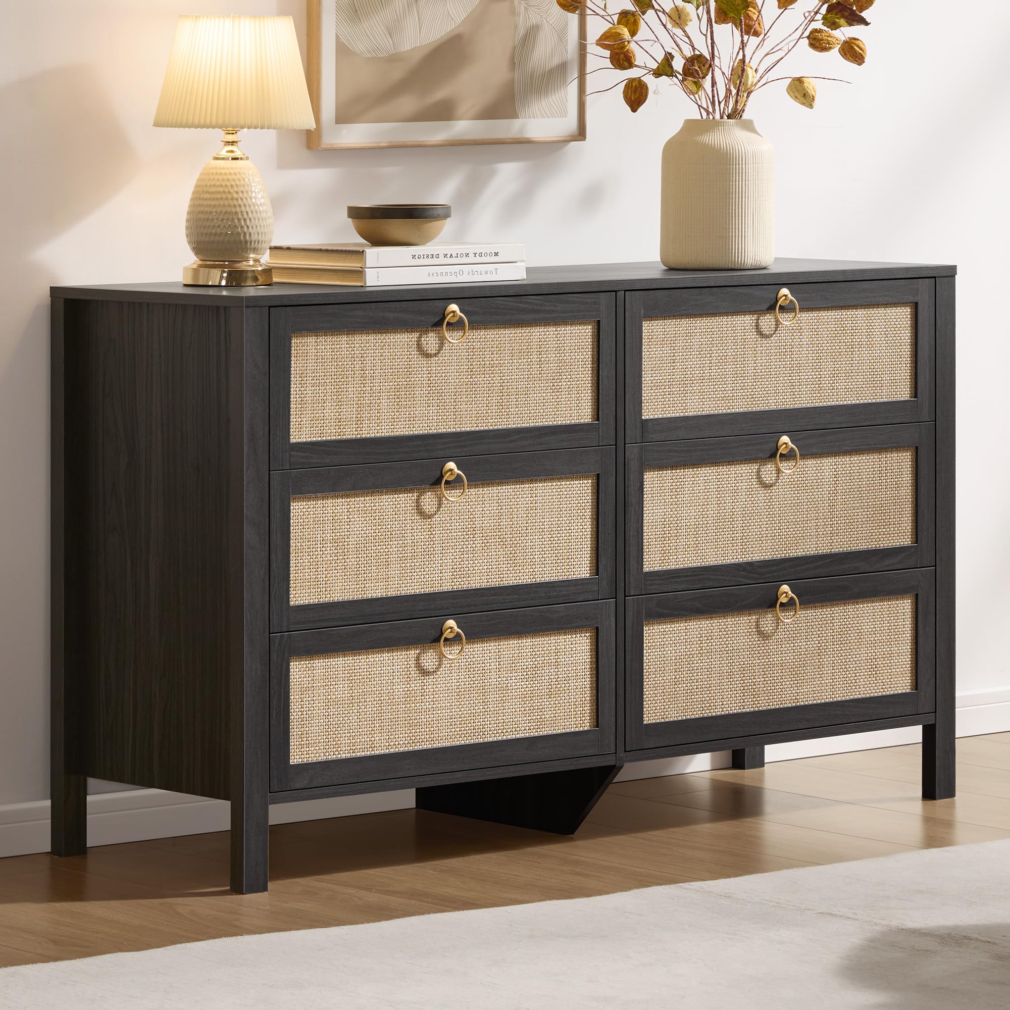 SICOTAS 6 Drawer Dresser for Bedroom - 51" Wide Rattan Dressers Chest of Drawers for Closet, Larger Storage Cabinet Farmhouse Boho Dresser TV Stand for Living Dining Room, Hallway, Black