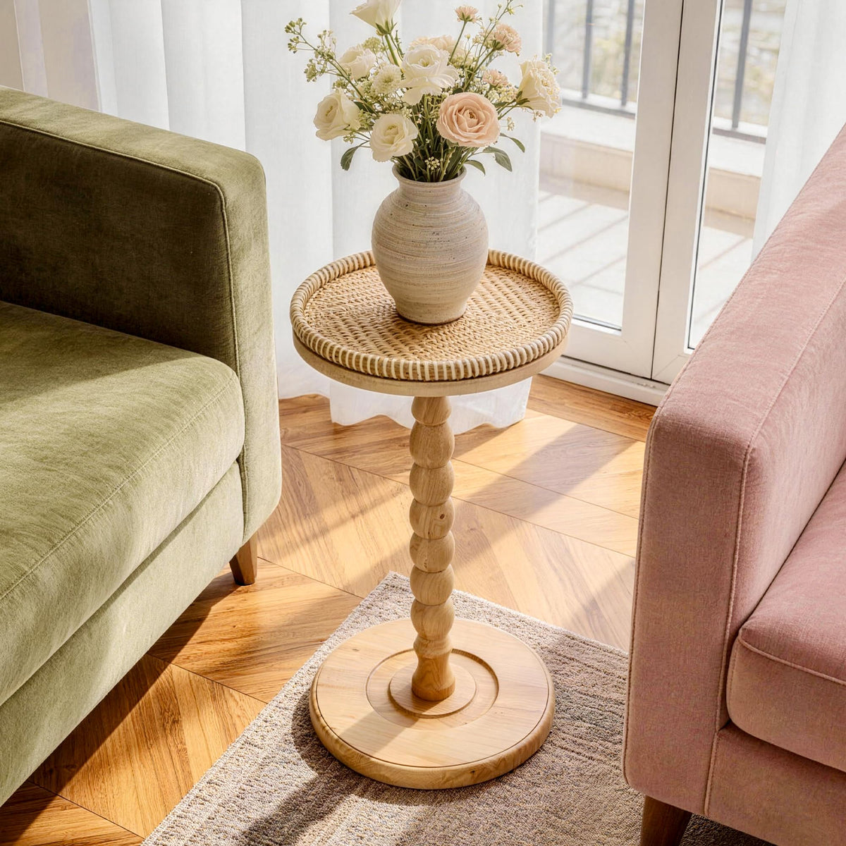 2 Pack Rattan Round Side Table, Rubberwood‌ Drink Table for Small Spaces