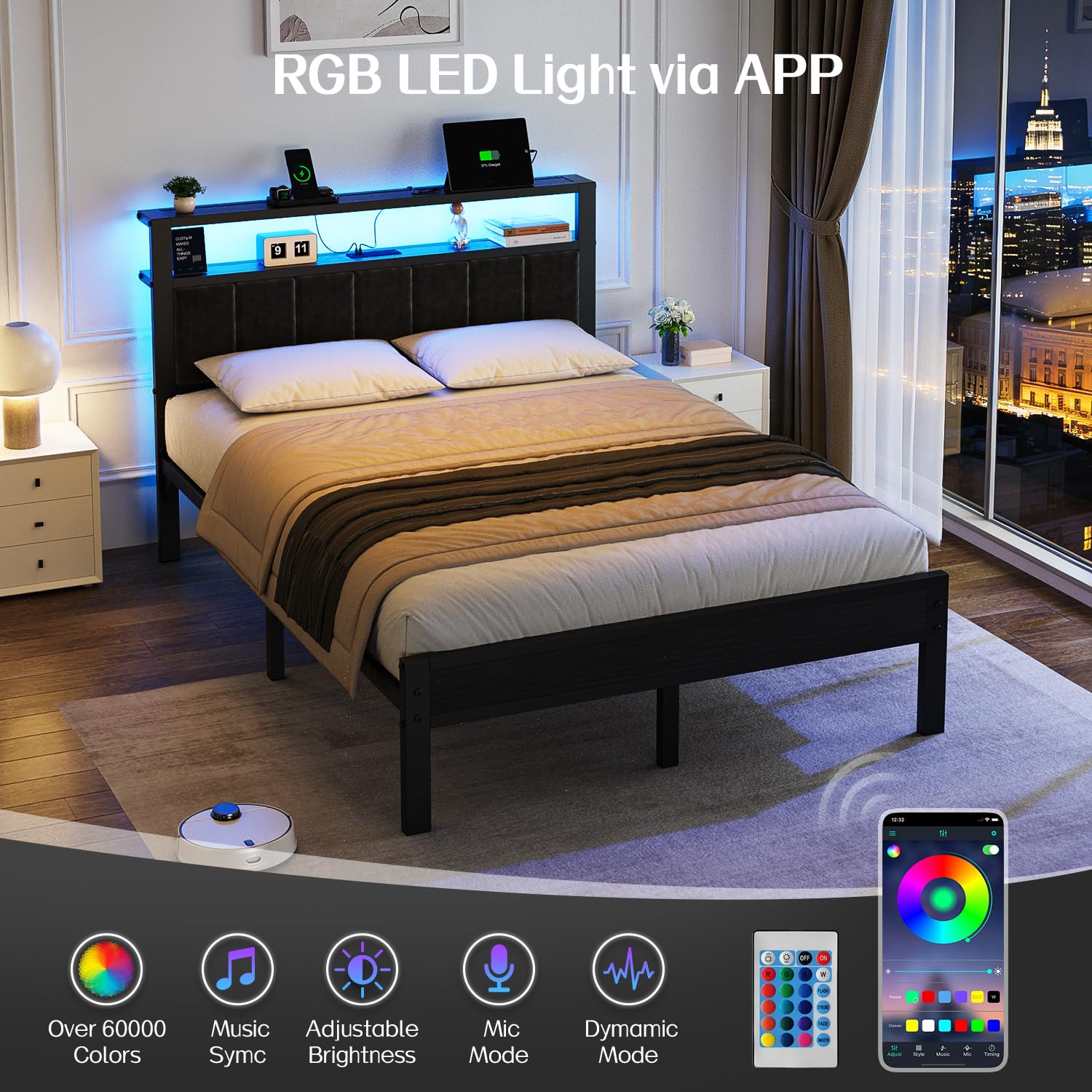 OLEVS Full Size Bed Frame with LED Lights & Charging Station, Modern Platform Bed with Upholstered Storage Headboard, No Box Spring Needed Easy Assembly