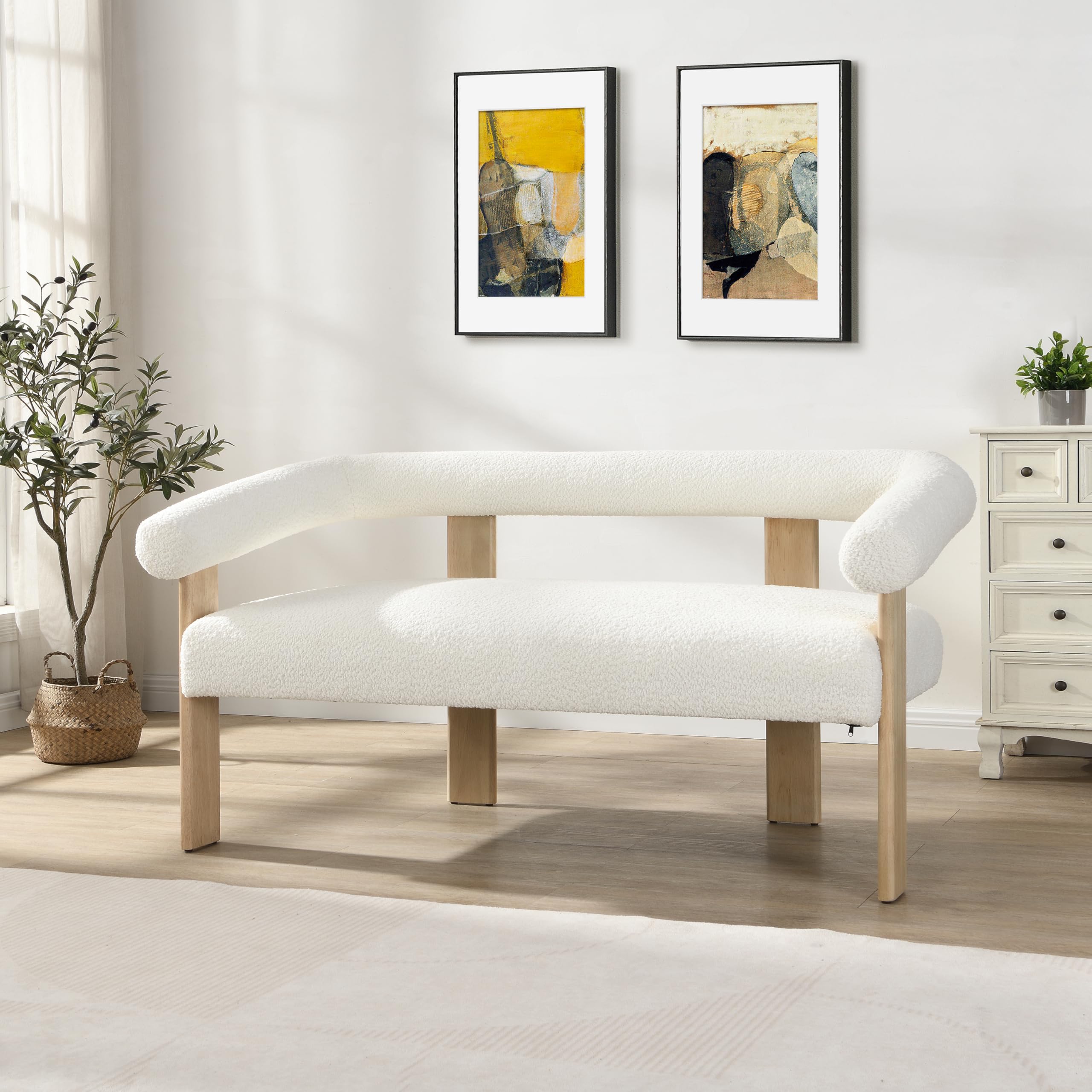 Christopher Knight Home Celen Modern Boucle Fabric Upholstered Loveseat with Round Armrest and Rubberwood Frame, Comfy Living Room 2-Seater Sofa, Space-Saving Couch for Hotel/Apartment, Beige+Natural