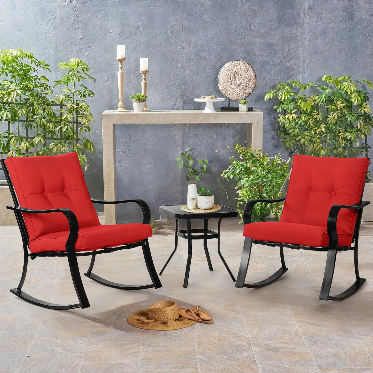 SOLAURA 3-Piece Outdoor Rocking Chairs Bistro Set, Black Iron Patio Furniture with Red Thickened Cushion & Glass-Top Coffee Table