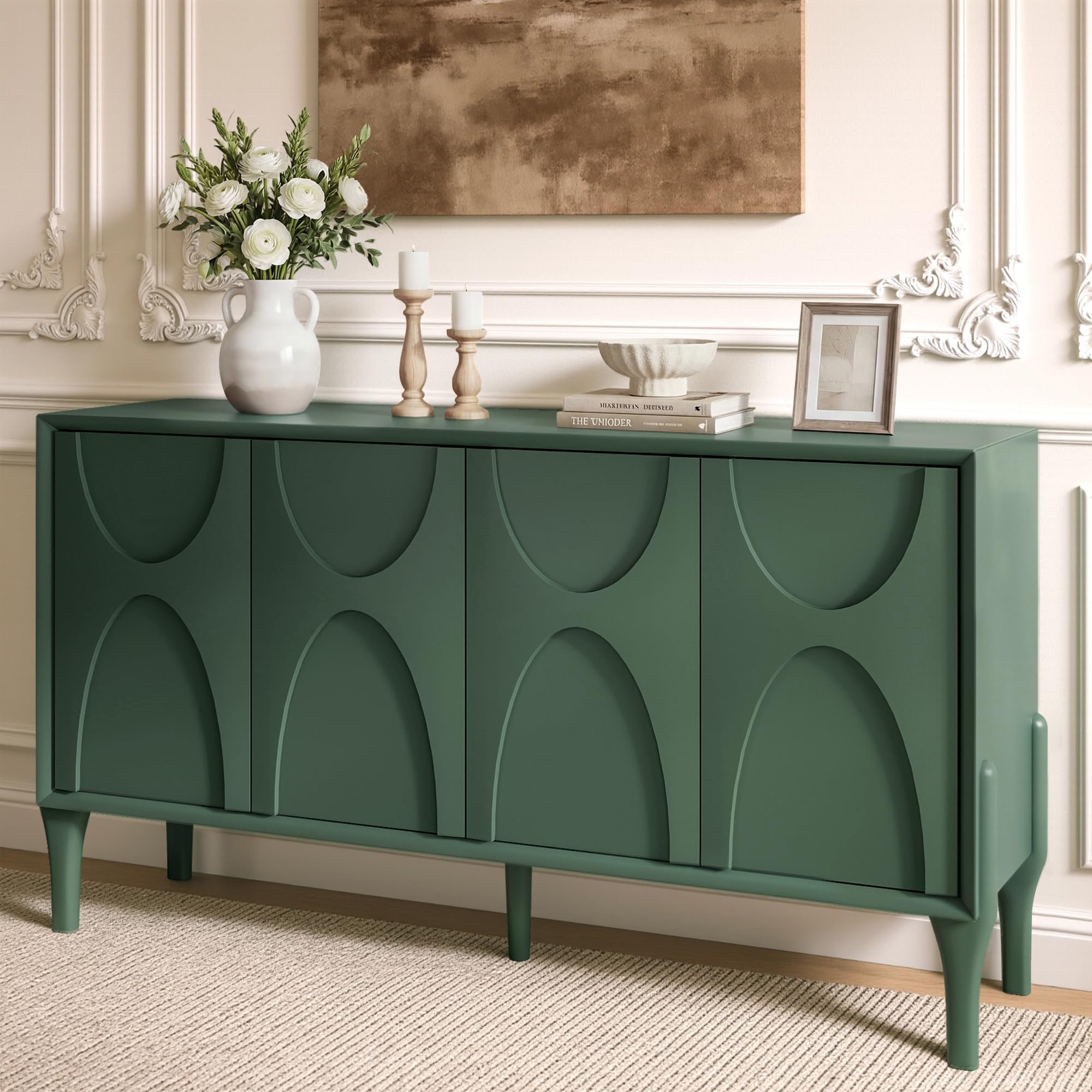SZTHHDF 59" Sideboard Buffet Cabinet with Storage, Mid-Century Modern Storage Cabinet Accent Buffet Sideboard with Adjustable Shelves & Solid Wood Legs Large Credenza for Living Room (Green)
