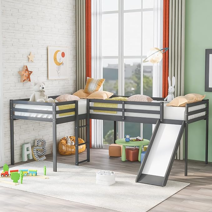 Twin L-Shaped Loft Bed with Slide