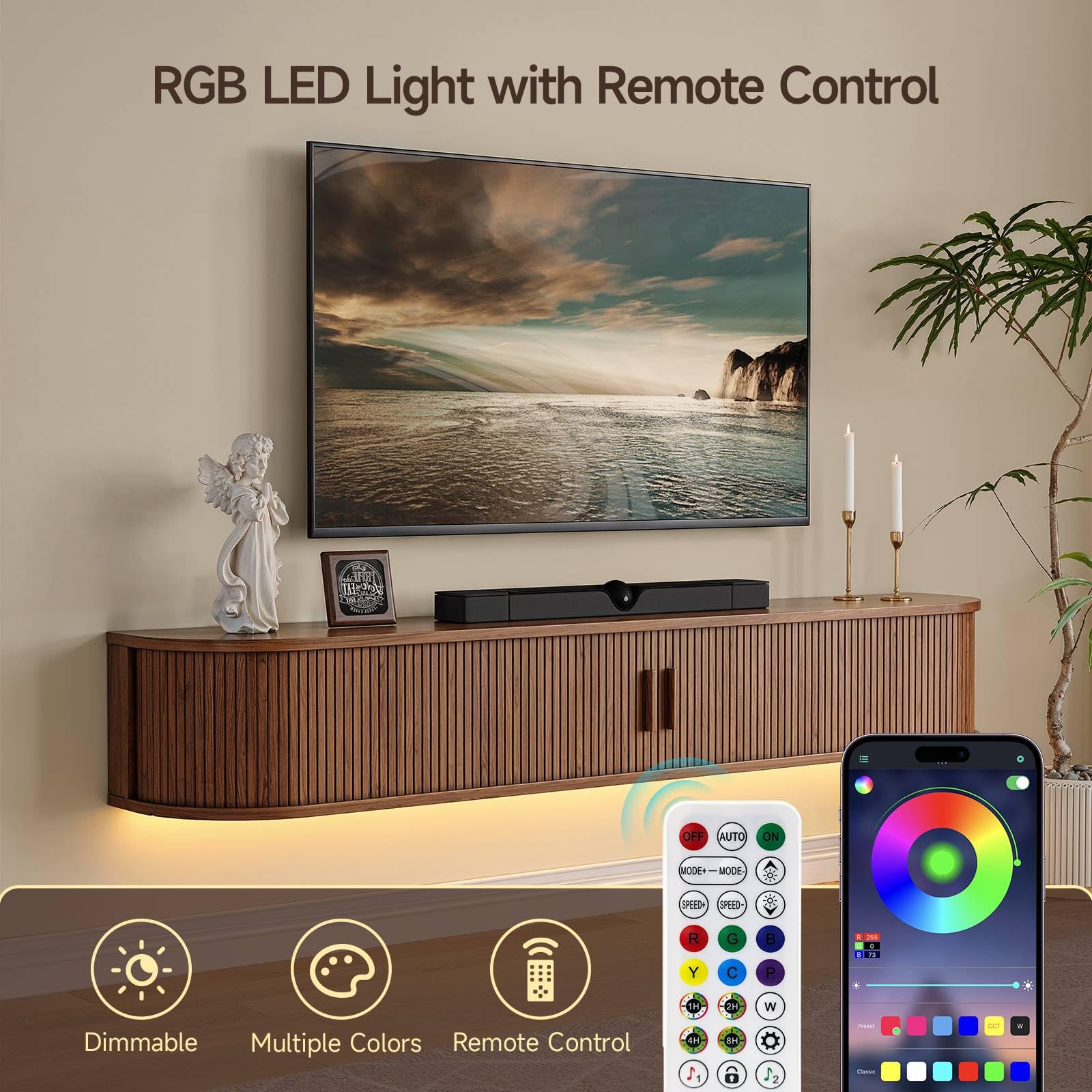 63" Floating TV Stand with Power Outlet for TVs up to 75", Fluted Entertainment Center with Remote Control for LED Lights, Mid-Century Modern TV Console w/Sliding Door for Living Room, Bedroom Walnut