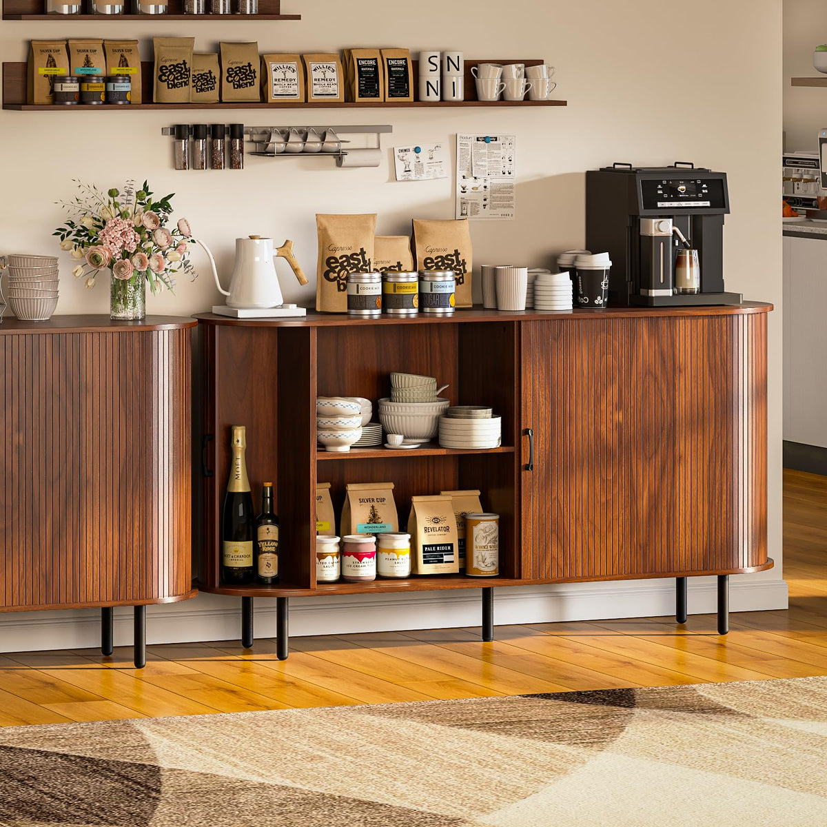 PUKAMI 55" Wood Buffet Sideboard Cabinet with Storage for Entryway, Walnut