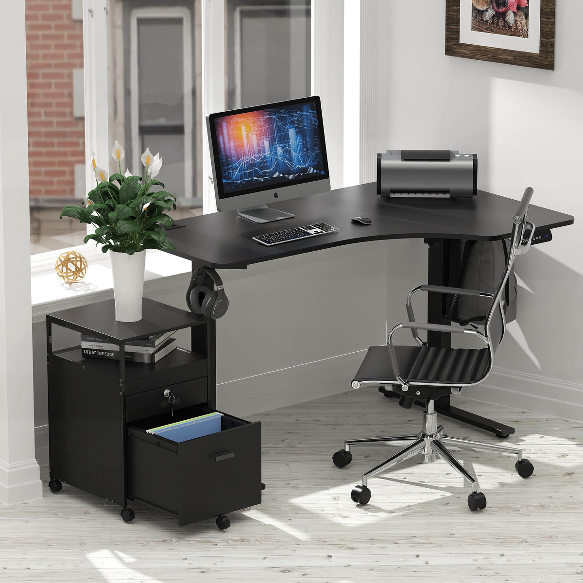 SHW Box File Rolling Mobile Cabinet with Lockable Drawer, Black