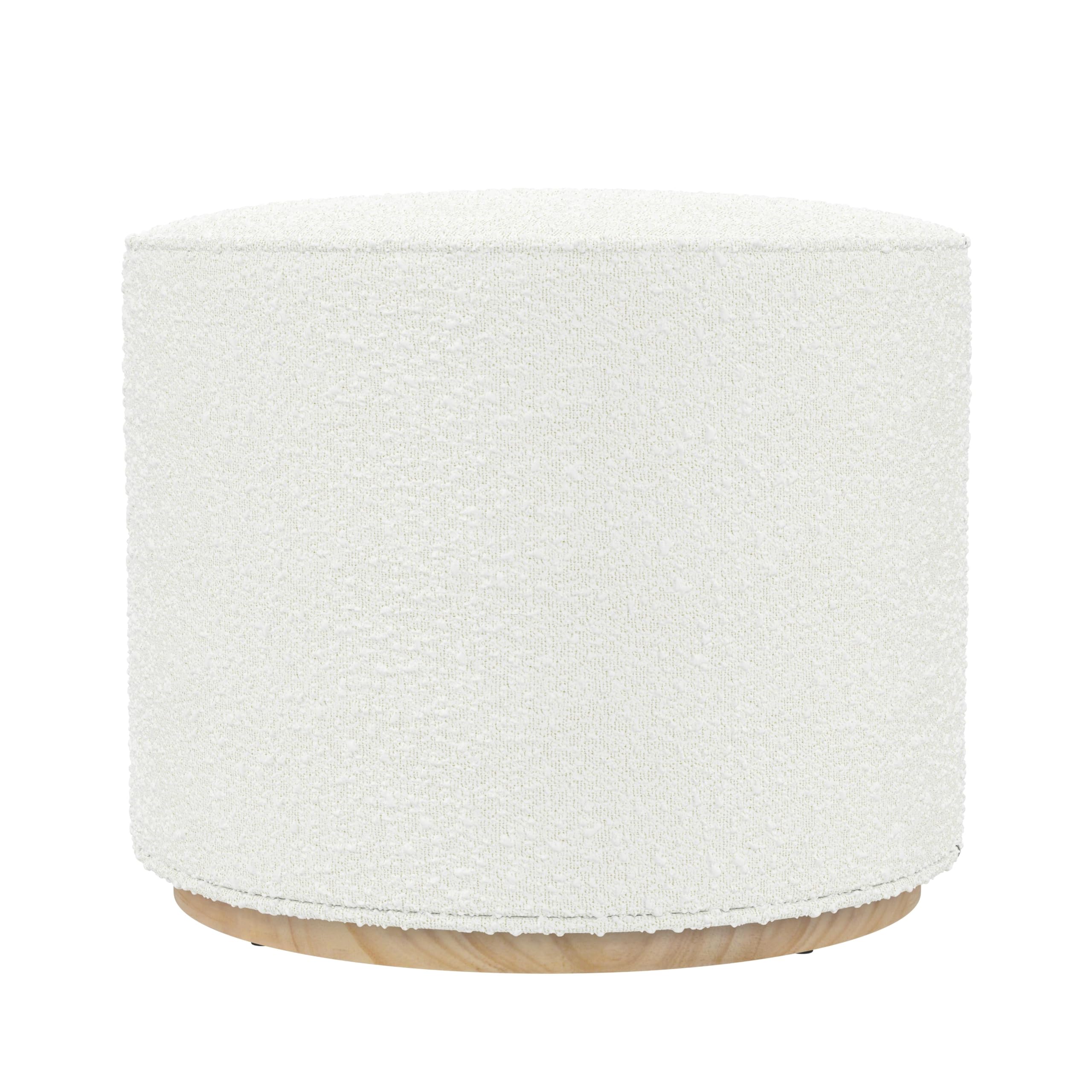 Spatial Order Bouclé Ottoman with Wooden Base – 22” Round Upholstered Footrest, Cream Textural Fabric, Modern Accent Stool for Living Room & Bedroom