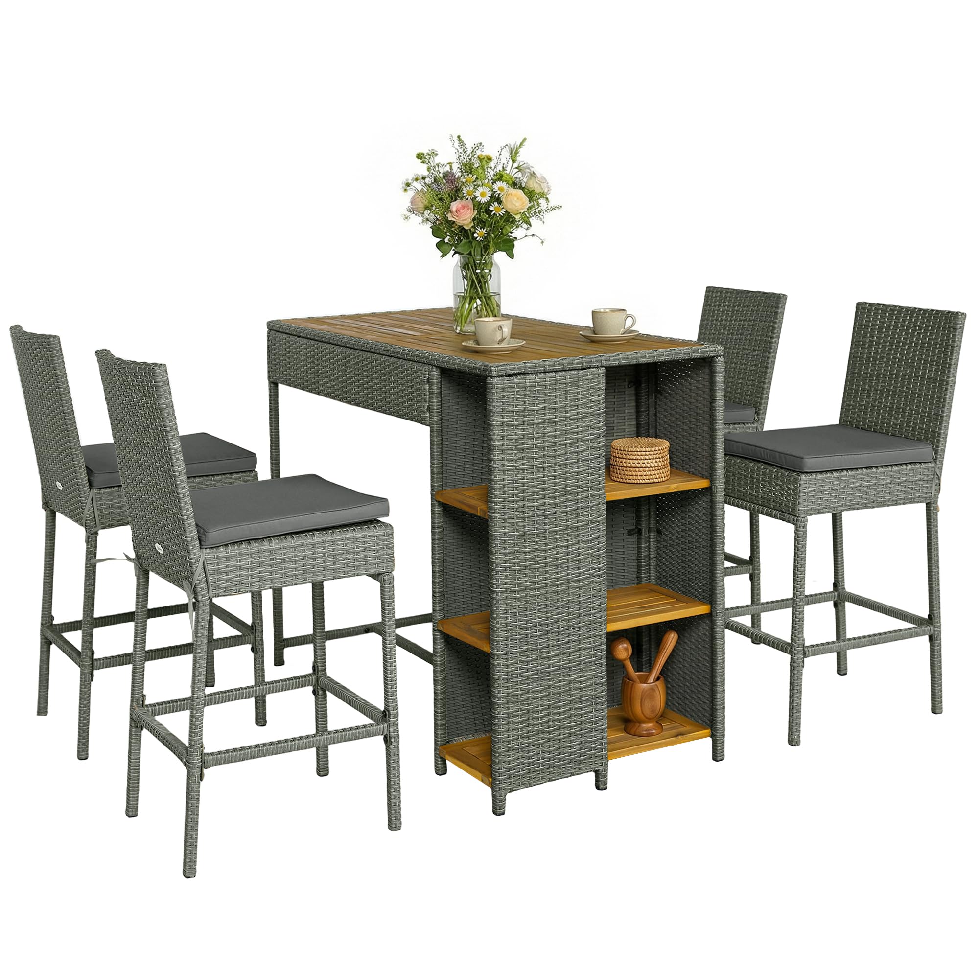 Outsunny 5 Piece Outdoor Bar Set, Wicker Outdoor High Top Table and Chairs, 3 Tier Shelves, Acacia Wood Bar Height Patio Set, 4 Barstools with Cushions, Back, Footrest for Garden, Backyard, Gray