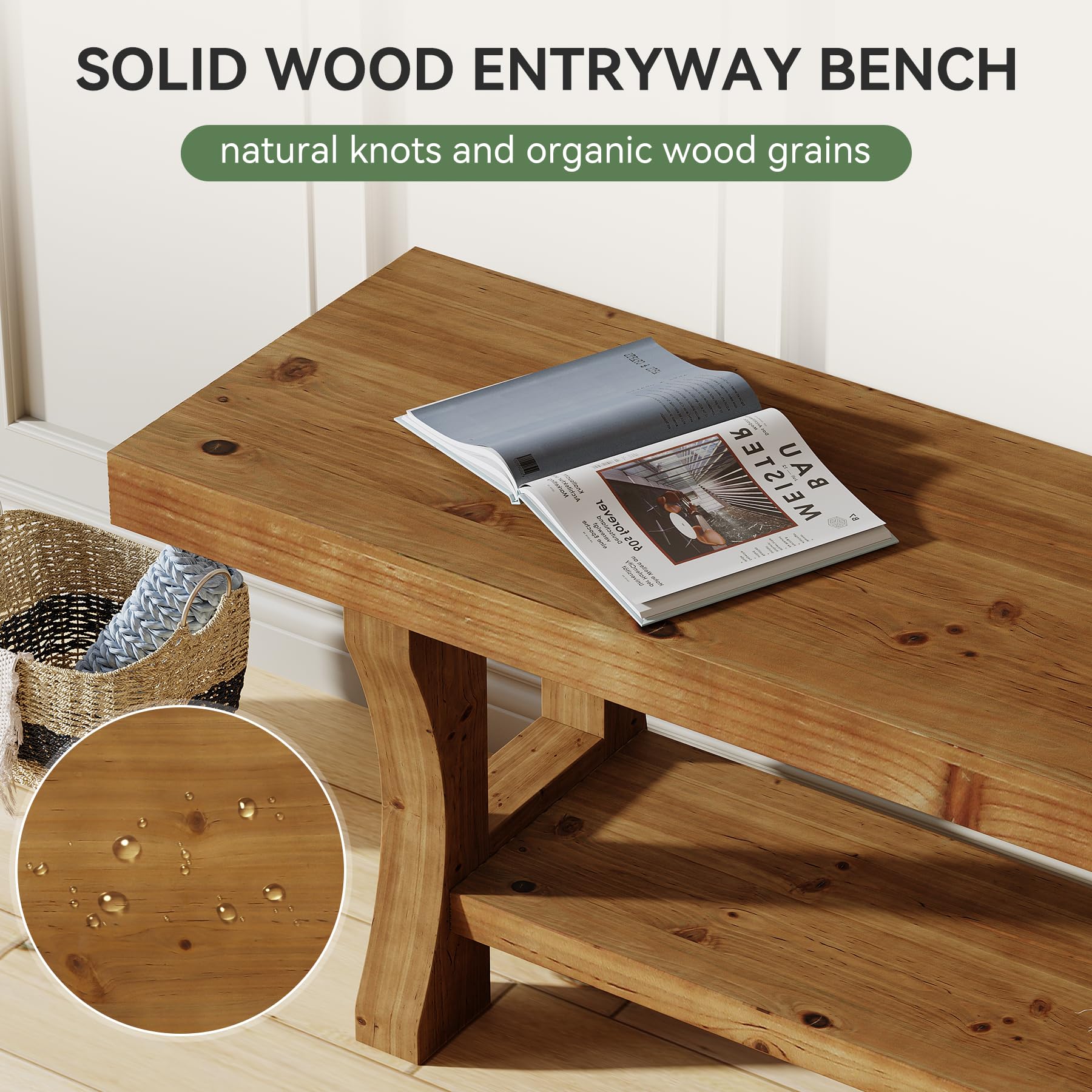 TRIBEWOOD Solid Wood Entryway Bench, 55" End of Bed Bench, Long Indoor Dining Seat for Hallway, Bedroom, Living Room, Dining Room, Easy Assembly, Brown
