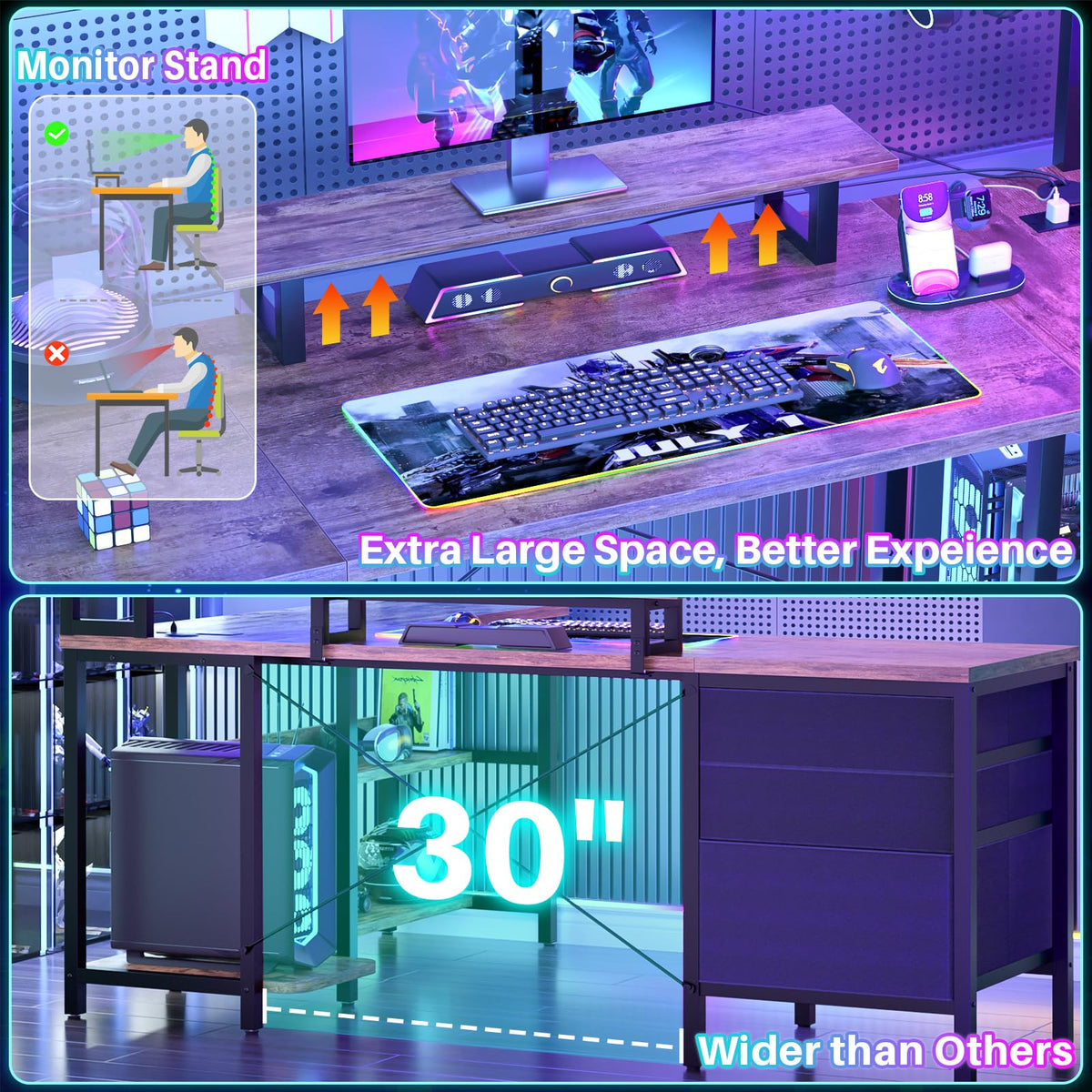 L-Shaped LED Desk with Hutch
