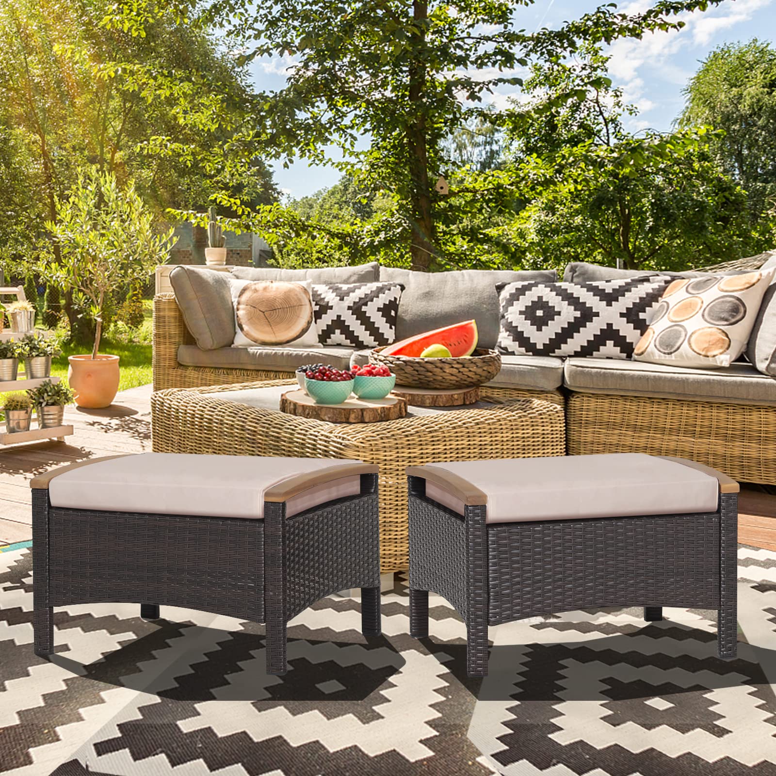 Outdoor Wicker Patio Ottomans Set of 2