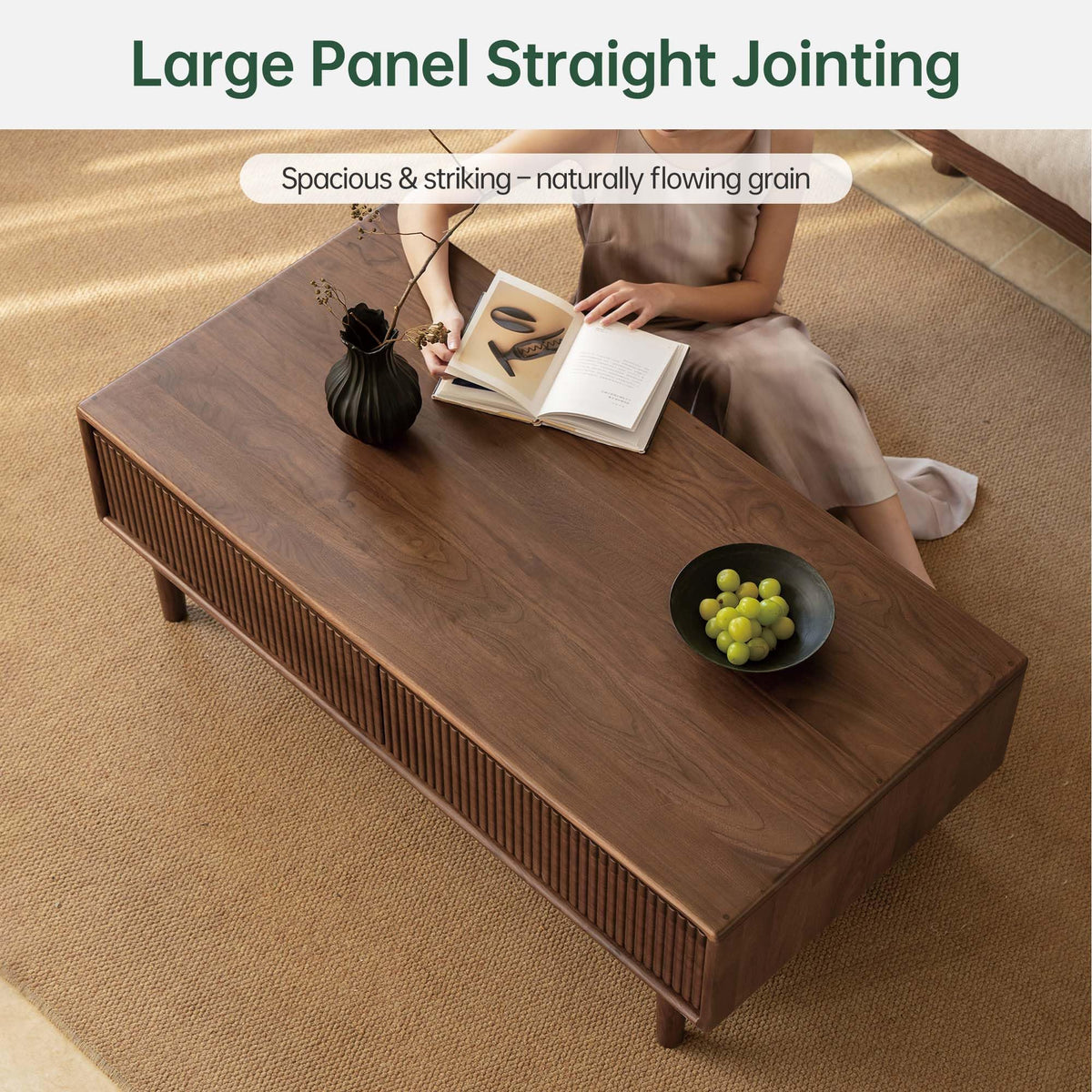 Vadisun Solid Black Walnut Coffee Table with Drawer & Open Shelf, 53 Inch Wood Center Table with Slatted Grille Front - Living Room Furniture