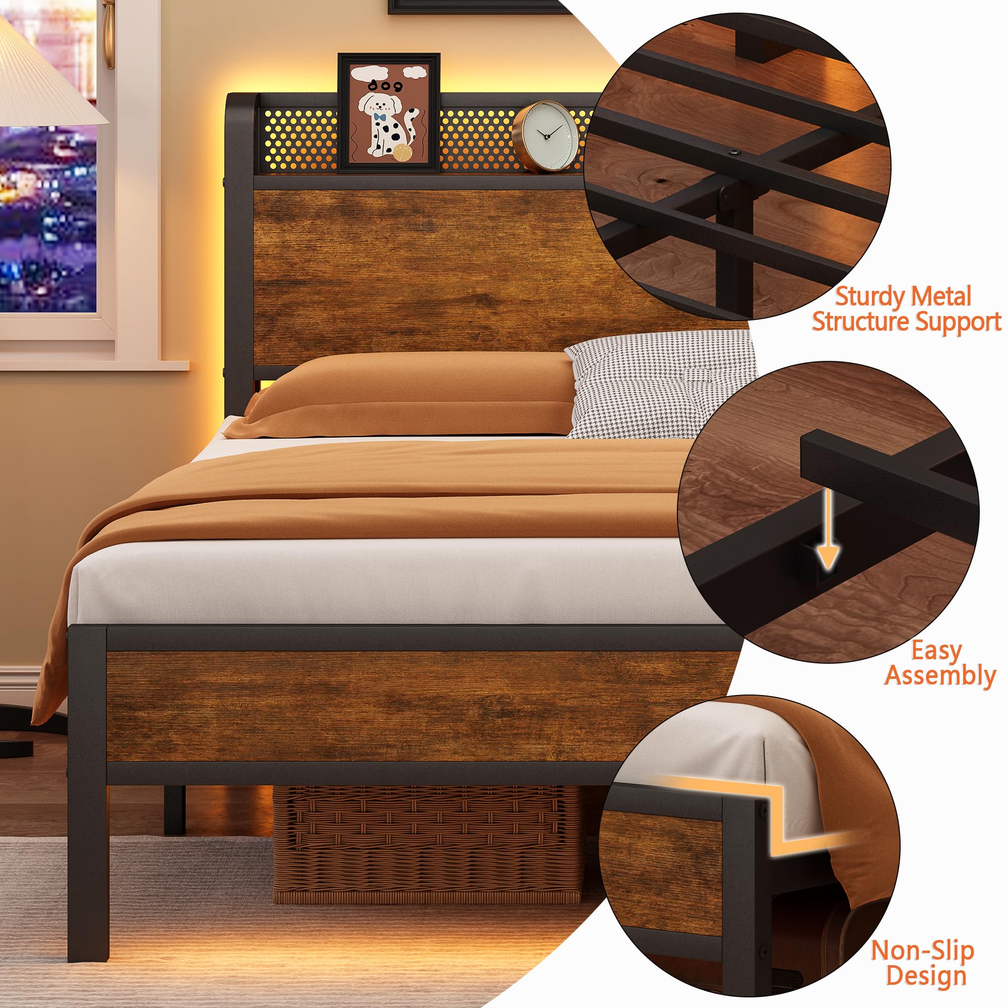 Nedenyou Full Bed Frame with Charging Station and LED Lights,Heavy Duty Platform Beds Full Size with Storage Headboard,USB Port,Rustic Wood and Strong Metal Support,No Box Spring Needed, Noise Free