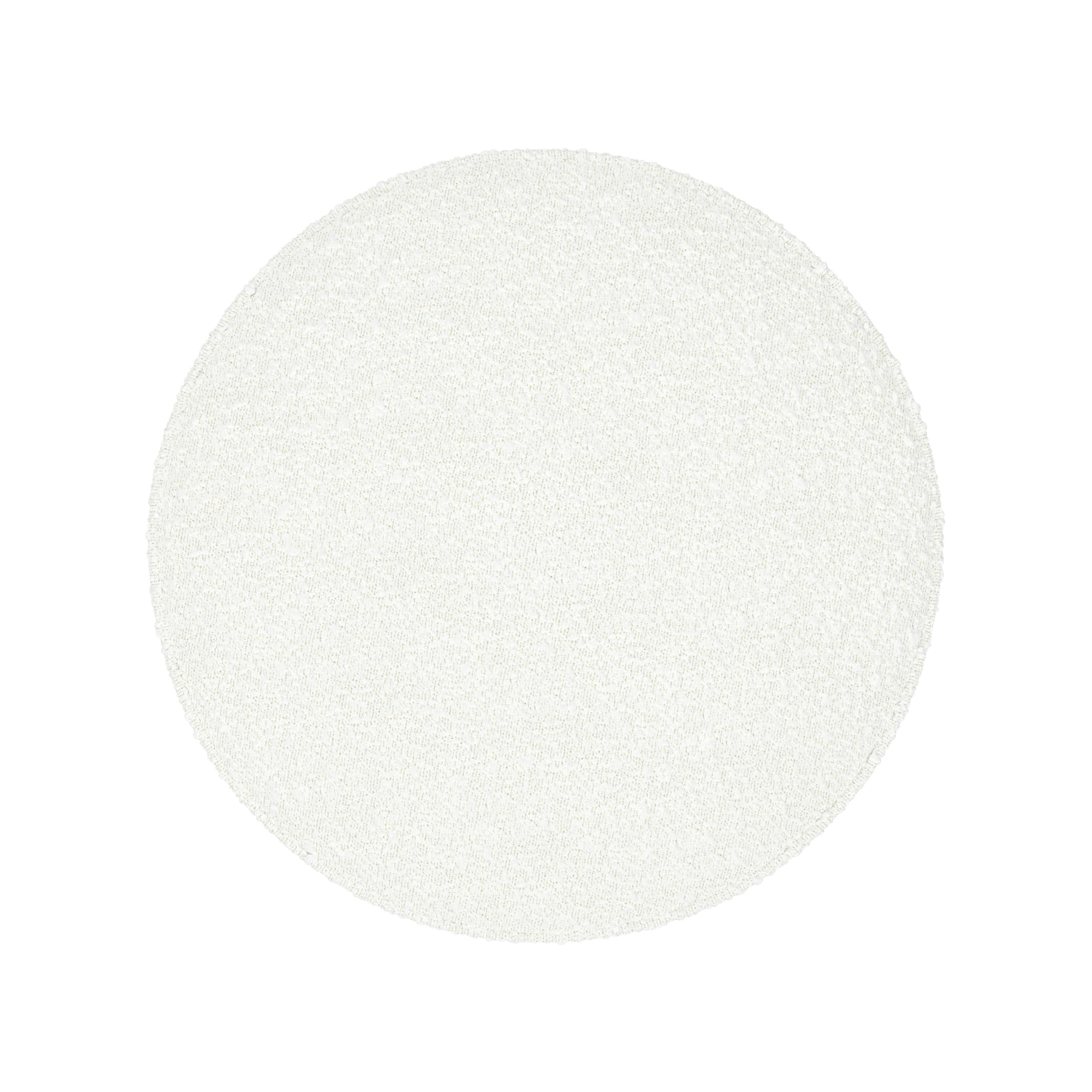 Spatial Order Bouclé Ottoman with Wooden Base – 22” Round Upholstered Footrest, Cream Textural Fabric, Modern Accent Stool for Living Room & Bedroom
