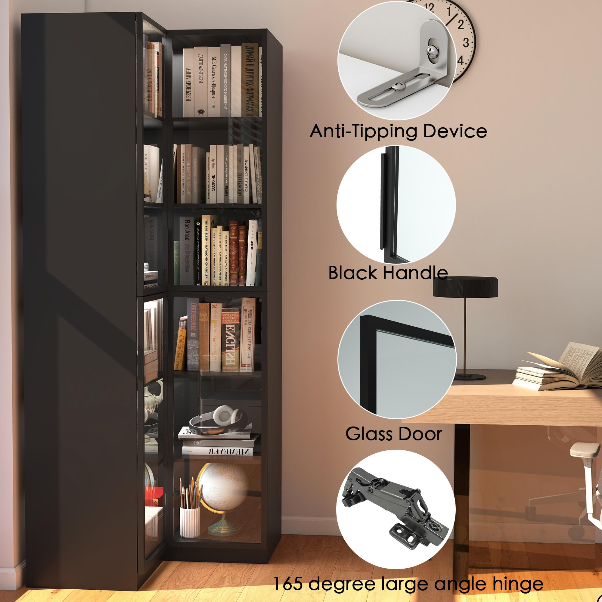 L-Shaped Corner Bookcase with Glass Doors & LED Lights