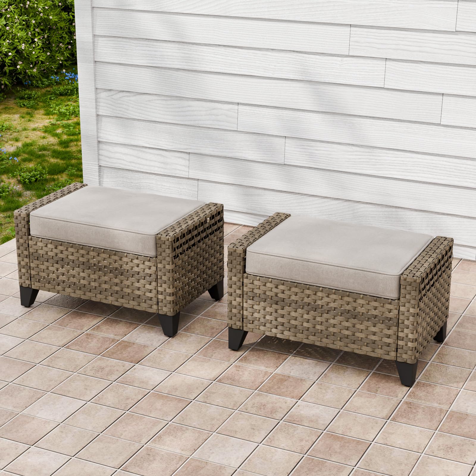 Outdoor Wicker Patio Ottomans Set of 2