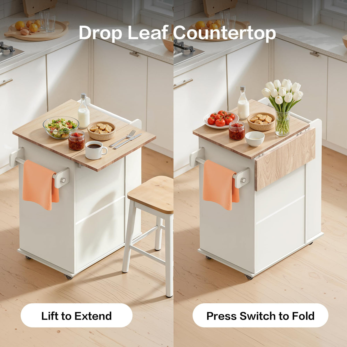 spanspace Kitchen Island with Trash Can Storage & Drop Leaf, Portable Kitchen Island on Wheels, Rolling Island Table for Kithchen