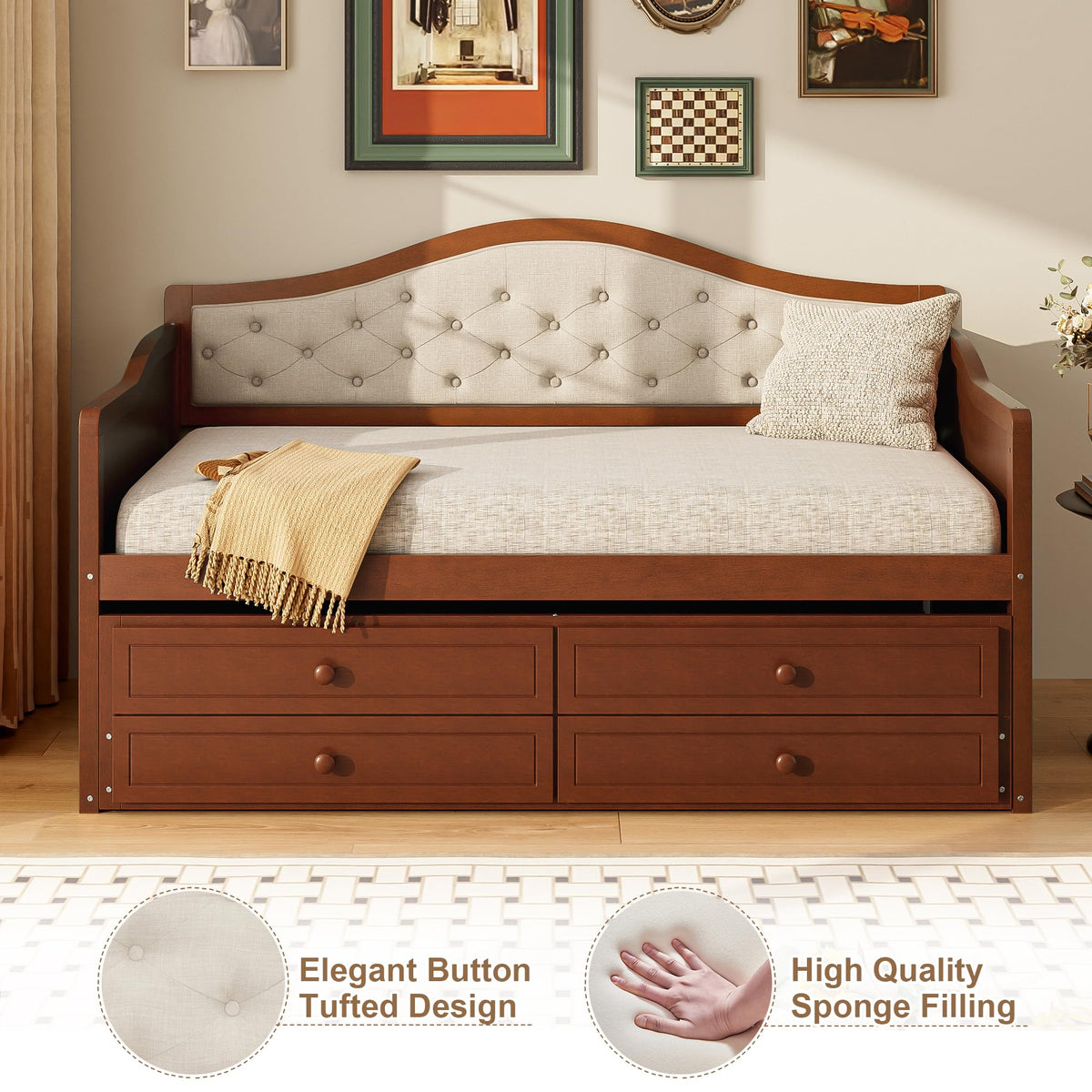 Twin Size Corner Bed Frame with Storage Drawers and Trundle, Walnut