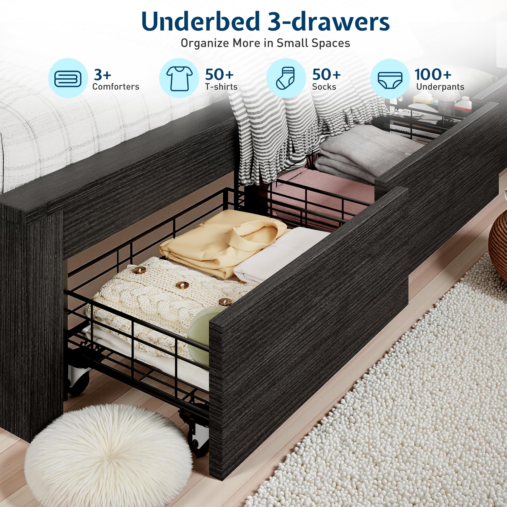 Jocisland Twin Bed Frame with Storage Drawers, Bookcase Headboard, USB Charging, RGB Lights, Farmhouse Wood Daybed, No Box Spring Needed, Black