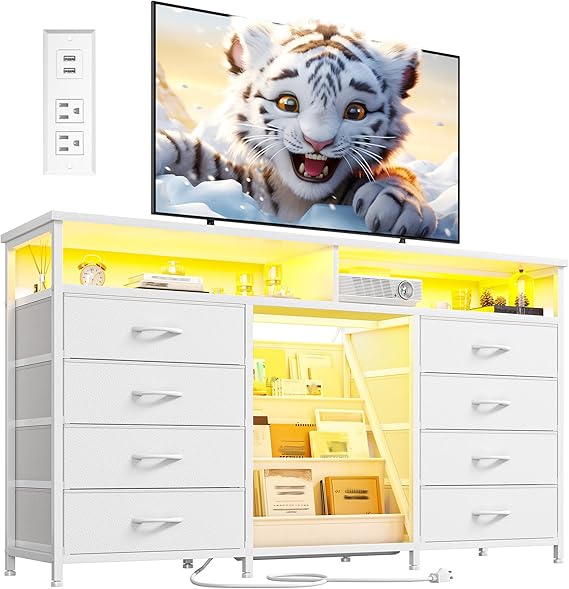 55" Dresser TV Stand with LED Lights & 8 Fabric Drawers
