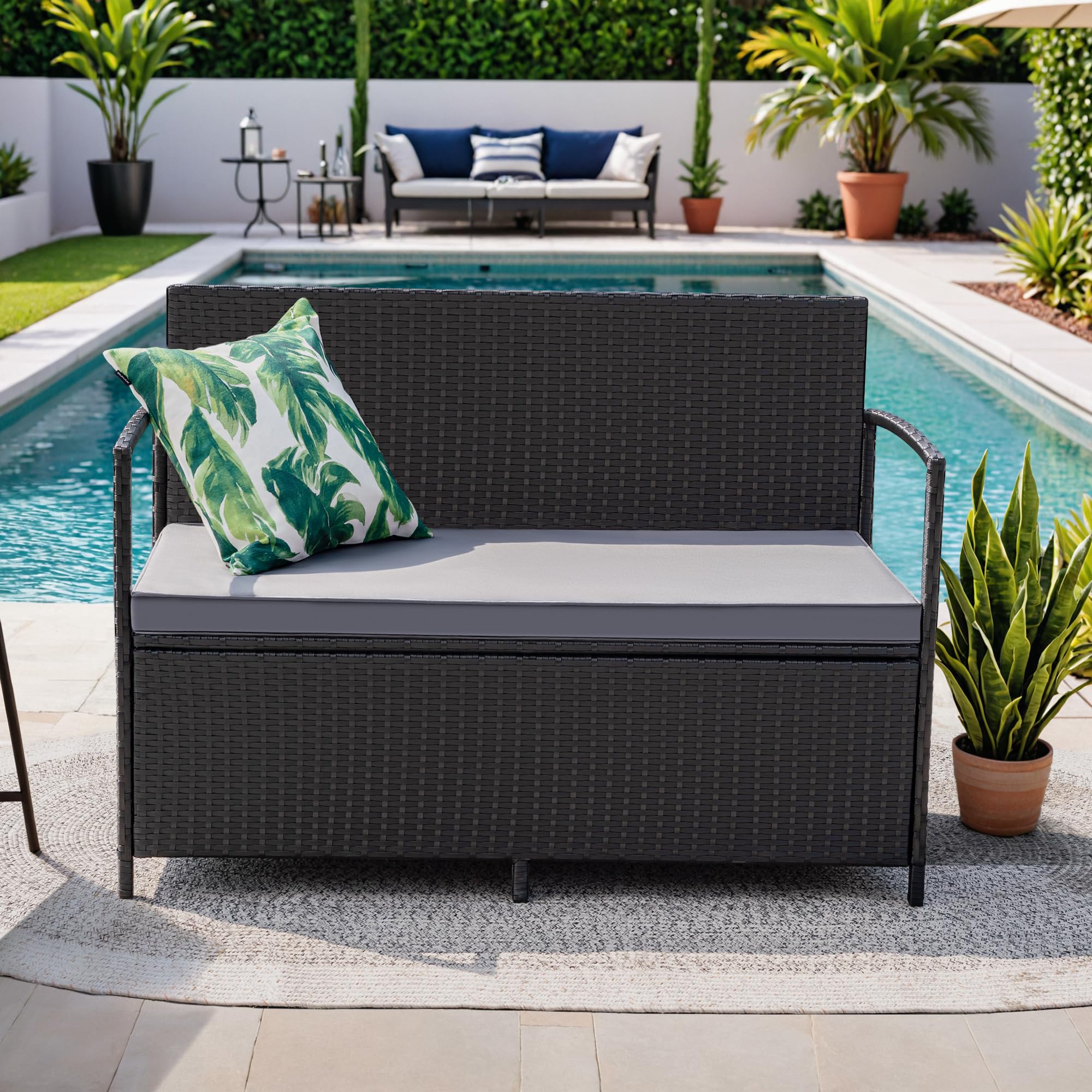 Outdoor PE Rattan Storage Bench with Cushion