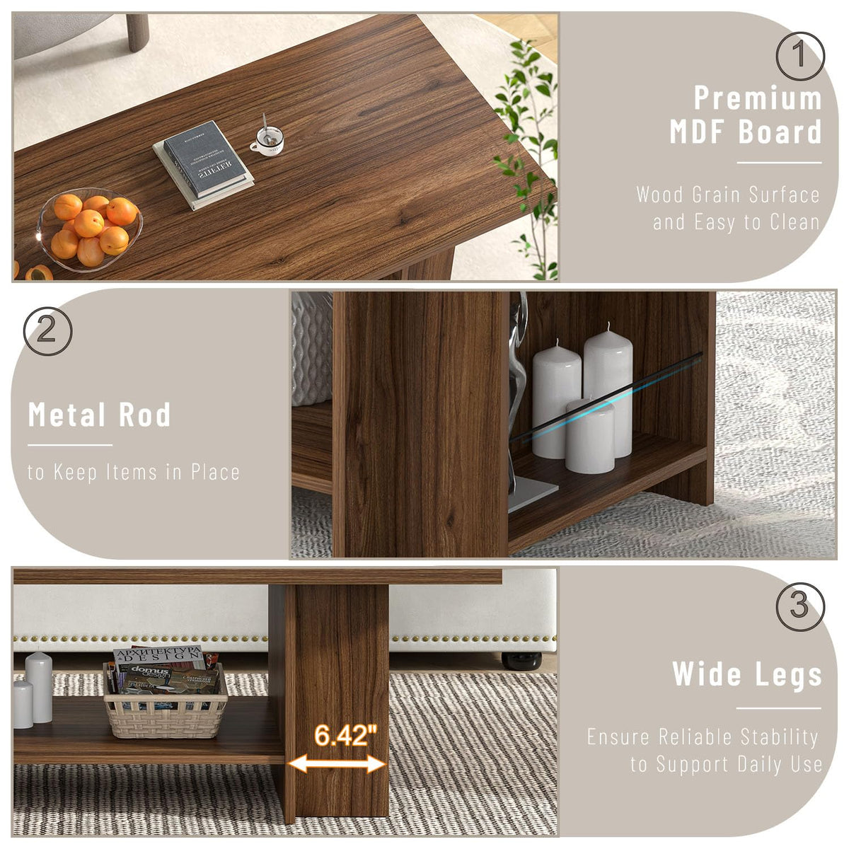 FOLUBAN Coffee Table, Modern Wood Living Room Table with Storage Bottom Shelf & Side Shelves, Rectangle Center Table Cocktail Tea Table for Home Office, Rustic Walnut, 47 Inch