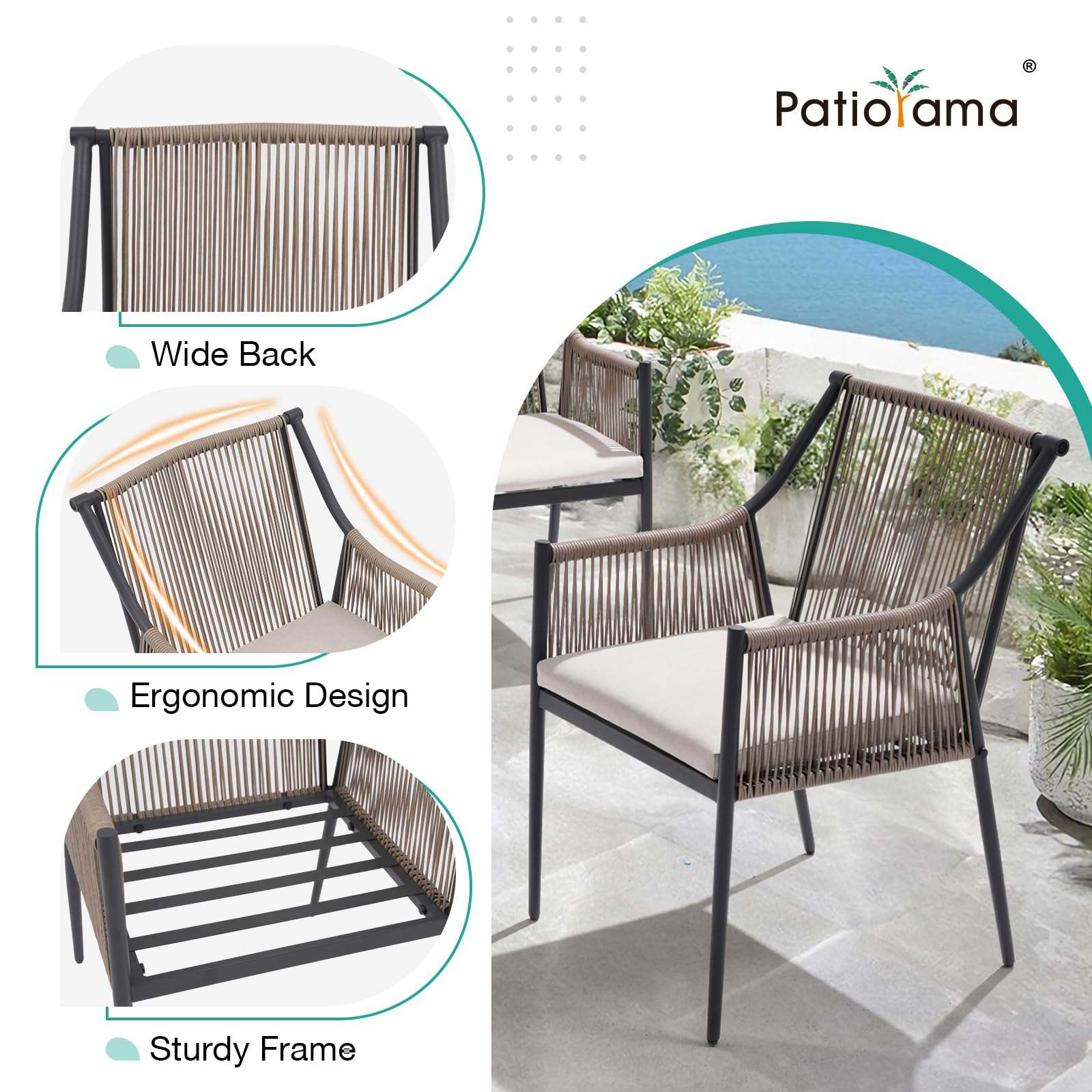 Patiorama Outdoor Dining Chairs Set of 2, Woven Rope Patio Dining Chairs, All-Weather Embossed Wicker Rattan Chairs, Outdoor Patio Chairs with Cushion & Integrated Armrest for Backyard, Light Beige
