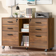 Mobile Lateral File Cabinet with Lock, Rolling Filing Cabinet, Brown