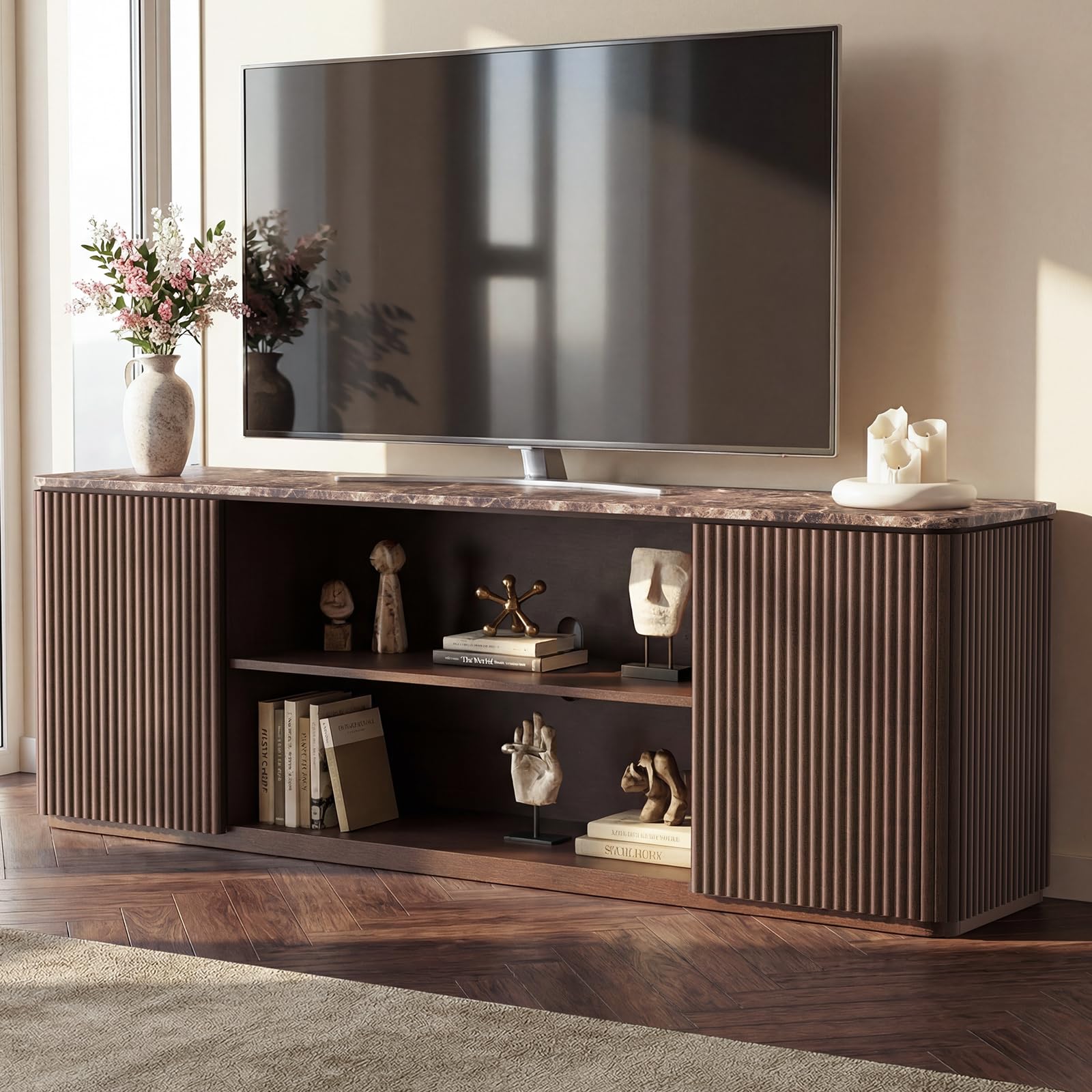 70" TV Stand, Modern Entertainment Center for TVs Up to 80", Fluted TV Console with Storage, Adjustable Shelves, Faux Marble Top, Curved Profile Design, Wood Media Console for Living Room, Brown Oak
