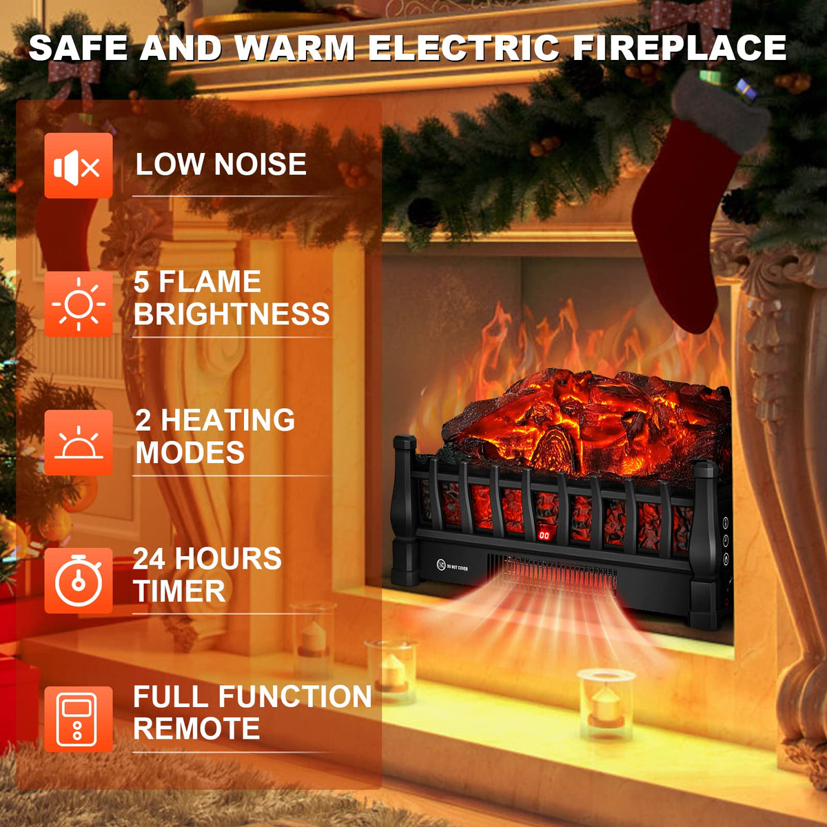 Electric Fireplace Logs Inserts Heater with Remote Control for Home Decor